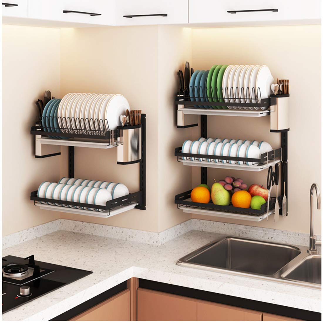 Dish Drainer with Drip Tray, GODNECE 3 Tier Wall Mounted Dish Drainer