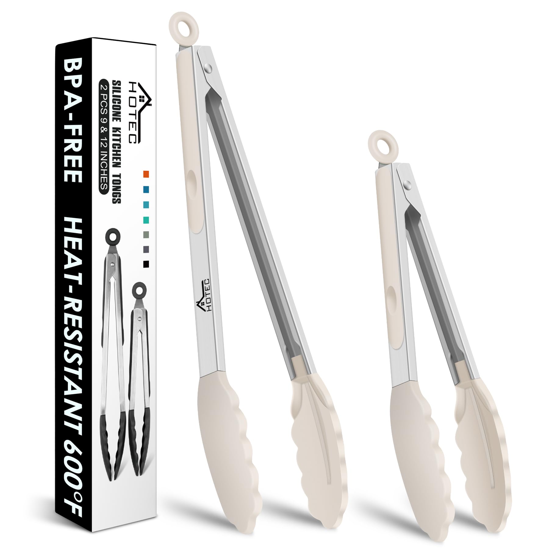 HOTEC Stainless Steel Kitchen Tongs with Silicone Tips, Set of 2-9" and 12"