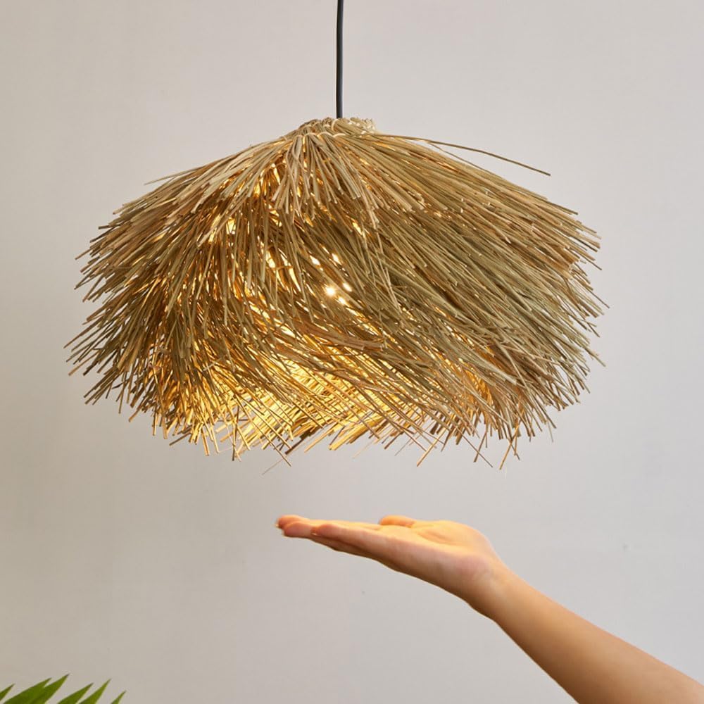 LYMSXAZOU Wicker Chandelier Hollow Lamp Shade 1-Pack V-intage Rattan Basket Pendant Lighting Fixture Hand-Woven Cage Hanging Ceiling Light
