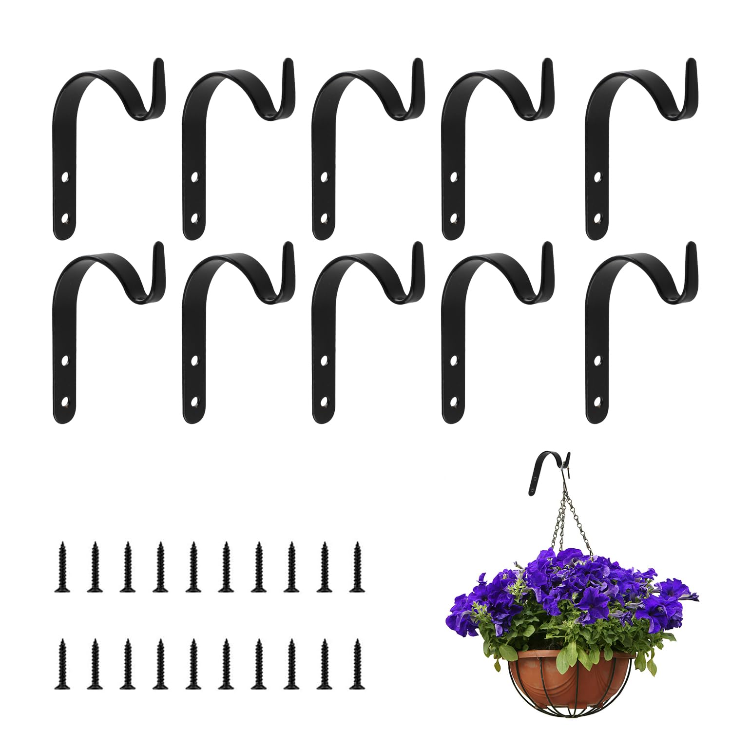 10 Piezas Gancho Faroles de Pared, Ganchos para Colgar Macetas de Hierro, Gancho de Pared para Jardineras con 20 tornillos, para Farol, Jardinera de Interior, Carillón de Viento para Exteriores