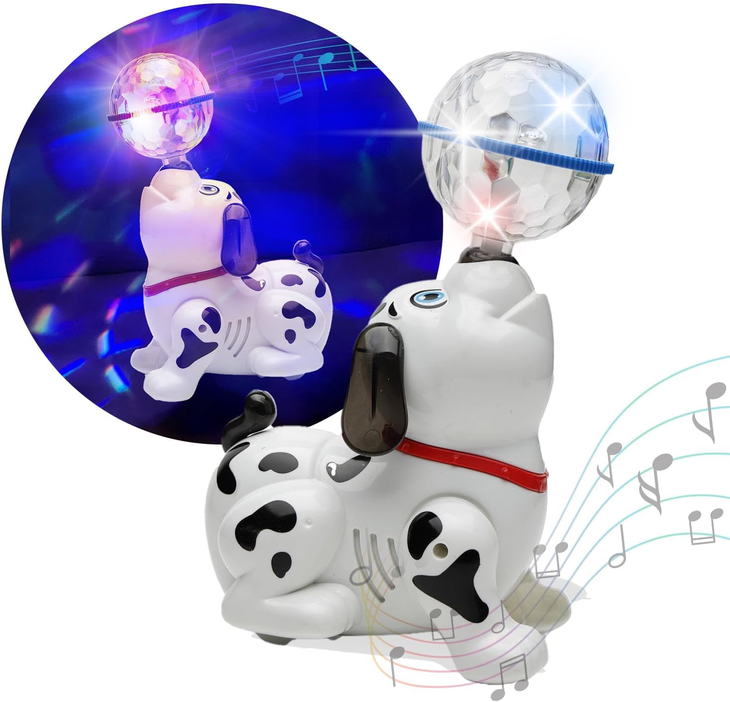 Gooyo GY-388-28 360ยฐ Rotating Walking Dancing Dog Toy with Music and 3D Flashing LED Light Ball | Musical & Light-Up Dancing Dog Toy for Kids | White | 3xAA Battery (Not Included)