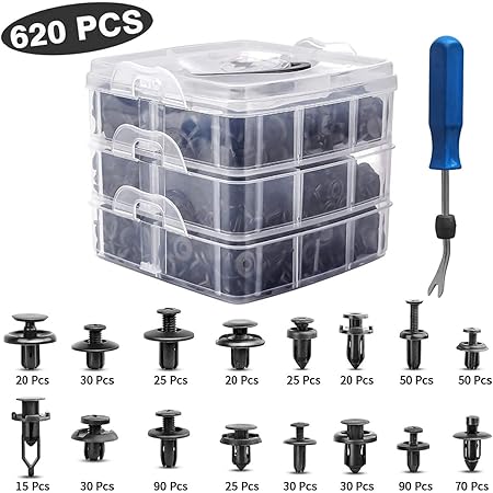 Autoam バンパークリップ トリムクリップ 620pcs 16種類 ユニバーサル自動車 フェンダー プラスチック製 リベット パネルはがし脱着工具 固定用 押し込み式 トリムファスナー トヨタ/ベンツ/BMW/ホンダ/NISSAN(ニッサン)/フォード汎用 混合ファスナー 収納ケース付き
