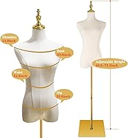 Vista 5 de Maniquí femenino ajustable con forma de torso para exhibición de ropa con soporte de metal dorado