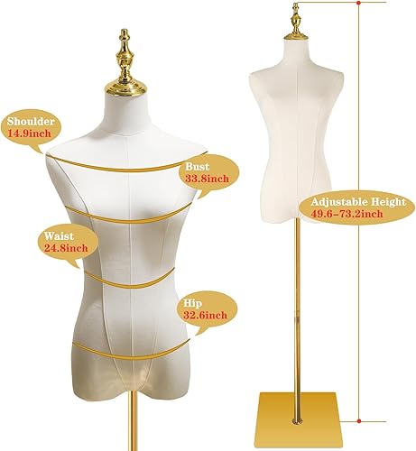 Miniatura 5 de Maniquí de forma de vestido femenino ajustable con soporte de metal dorado para exhibición de ventana de ropa