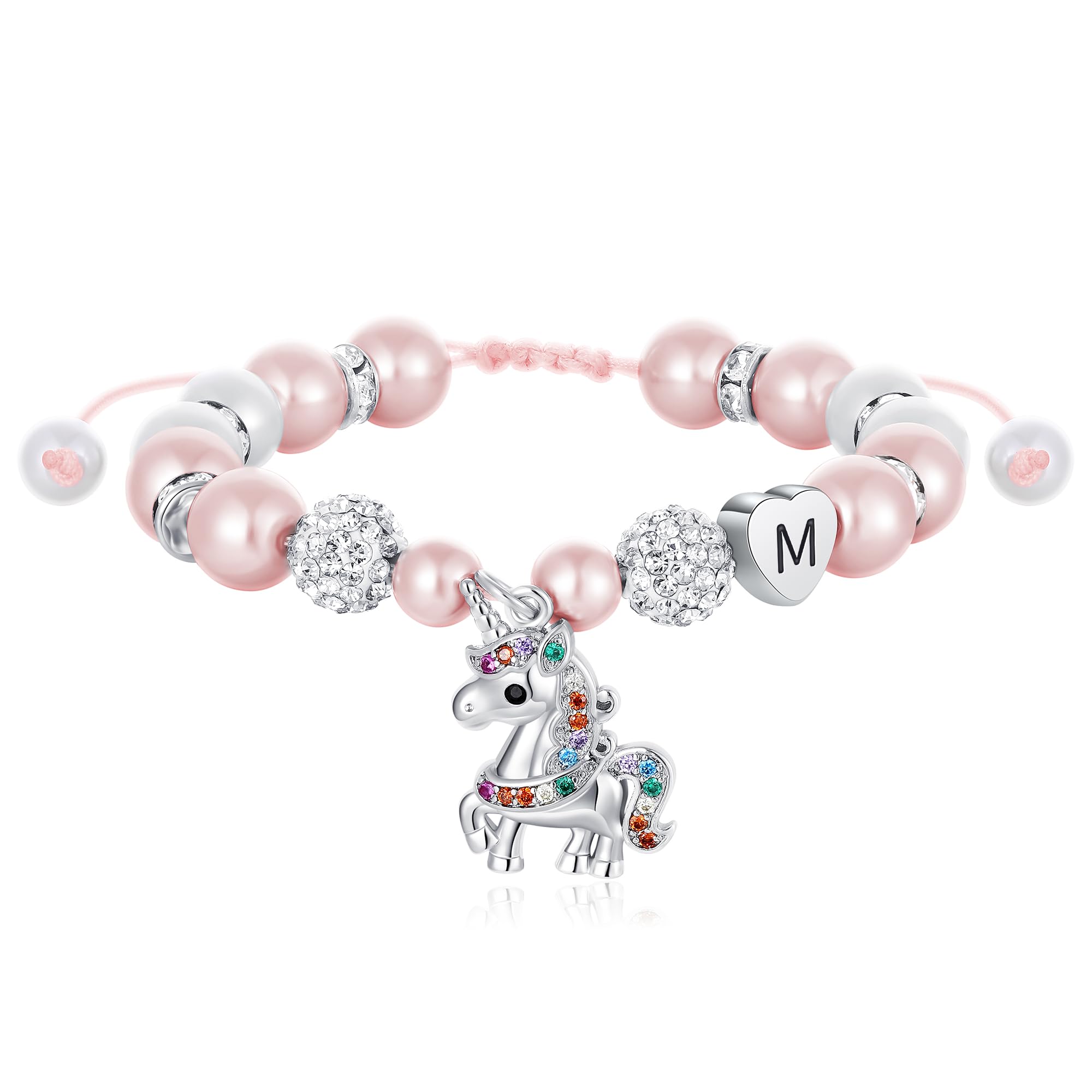 SLOONG Ostern Geschenke Kinder - Einhorn Armband, Rosa Perle und Strass Kugeln Armband mit Buchstaben Verstellbares Herz Kinder Armbänder Einhorn Geschenke für Mädchen Tochter Enkelin