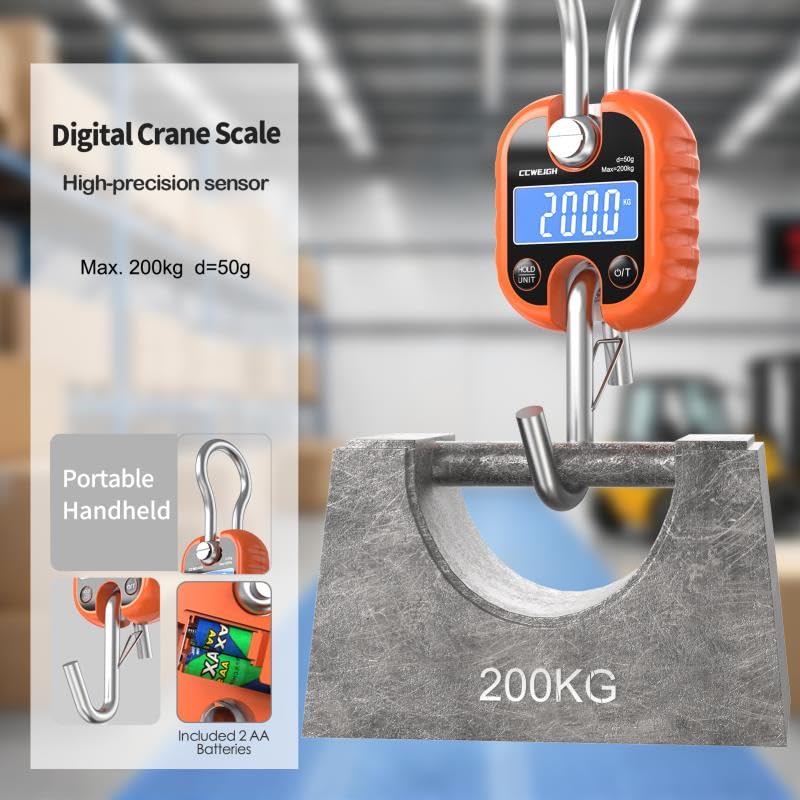 Image of Hanging Scale Handheld 440lb /200kg Crane Scale Luggage Scale,with ABS Plastic case & Big LCD Display, Portable Digital Mini Crane Scale Fishing Scale,for Gym,Hunting,Travelling