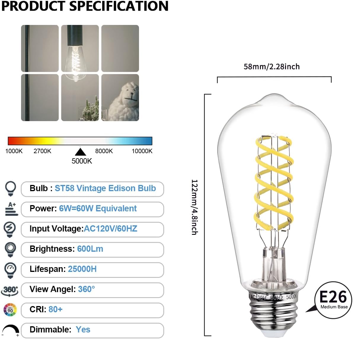 BORT 4Pack Dimmable LED Edison Bulbs,5000K Daylight White, 6W Equivalent to 60W Vintage Light Bulbs, Antique Flexible Spiral LED Filament Decorative Light Bulbs
