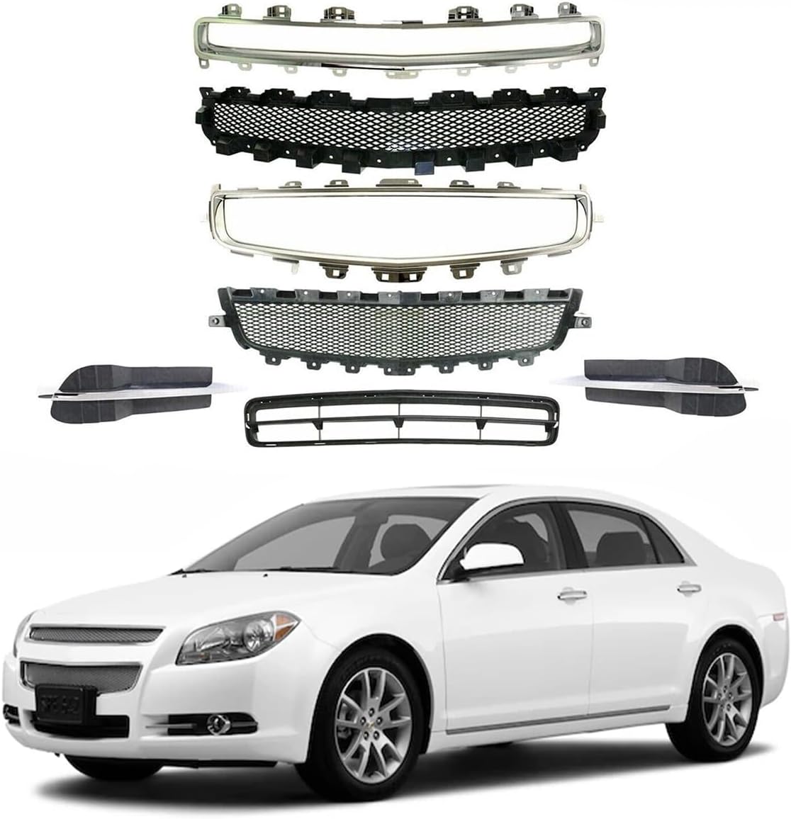Front Bumper Grille Kit + Moldings + Fog Light Covers Fit For Chevy Malibu 2008-2012
