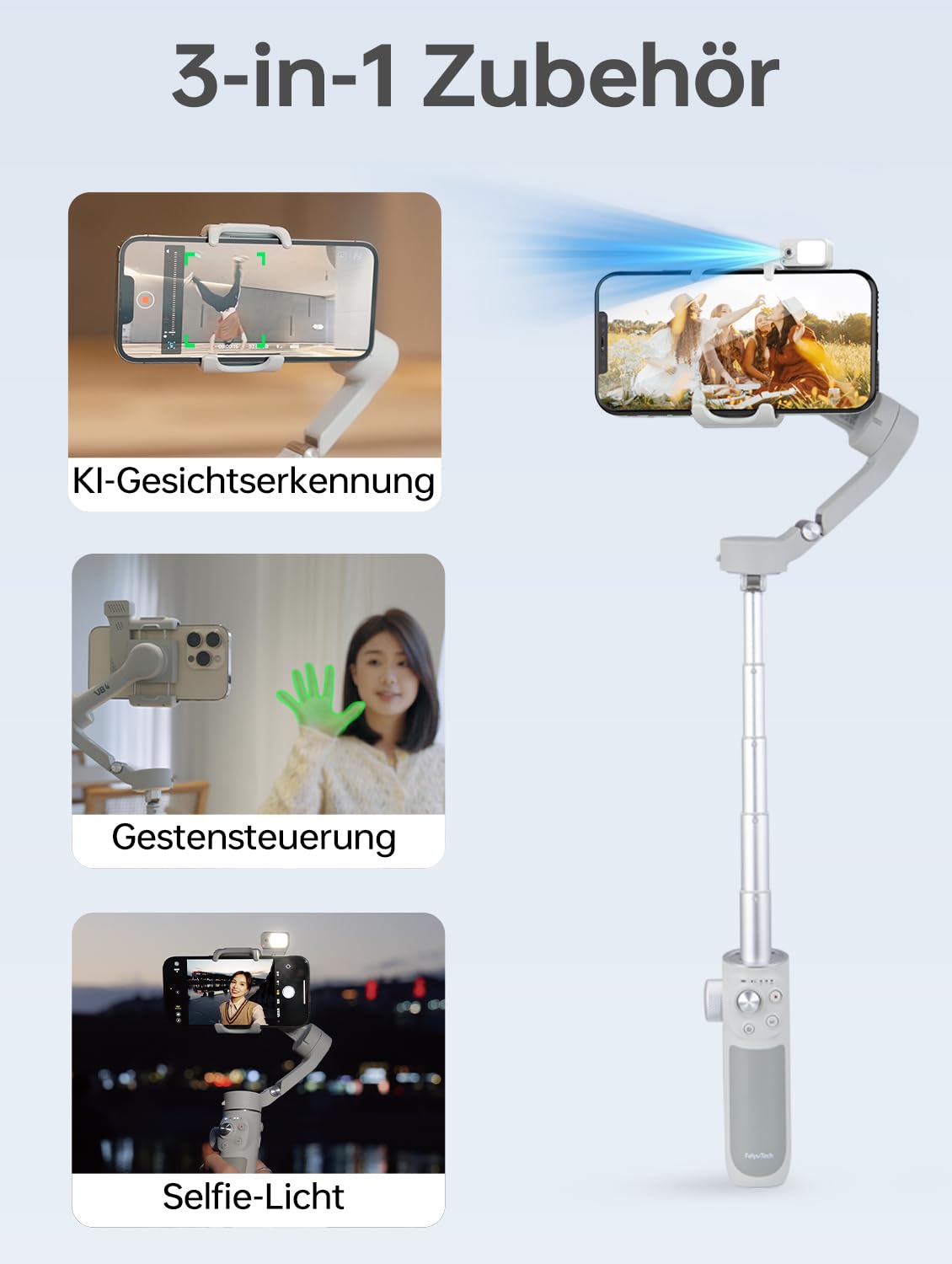 FeiyuTech VB4 Kit Smartphone Gimbal Stabilisator mit KI-Tracking & Fülllicht, Integriertem 21,6 cm Ausziehstab, Faltbar, Gestensteuerung – Ideal für Reise-Vlogs und TikTok-Videos