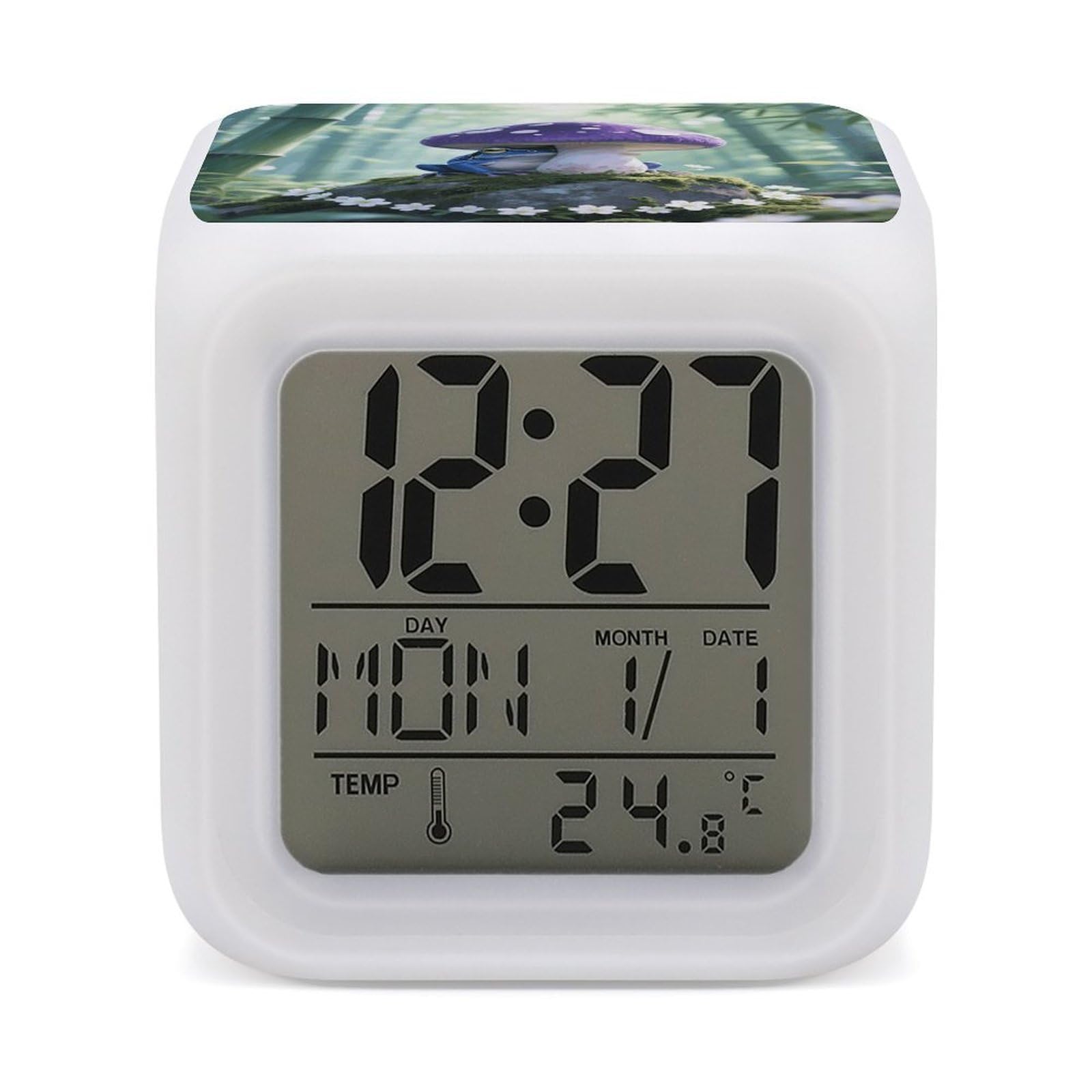 VstaDank Frog Mushroom Aesthetic Alarm Clock with Date Temperature Large LED Display Number Clocks with 7 Colors Changing Desk Clock Battery Operated Digital Clocks with Date for Heavy Sleepers