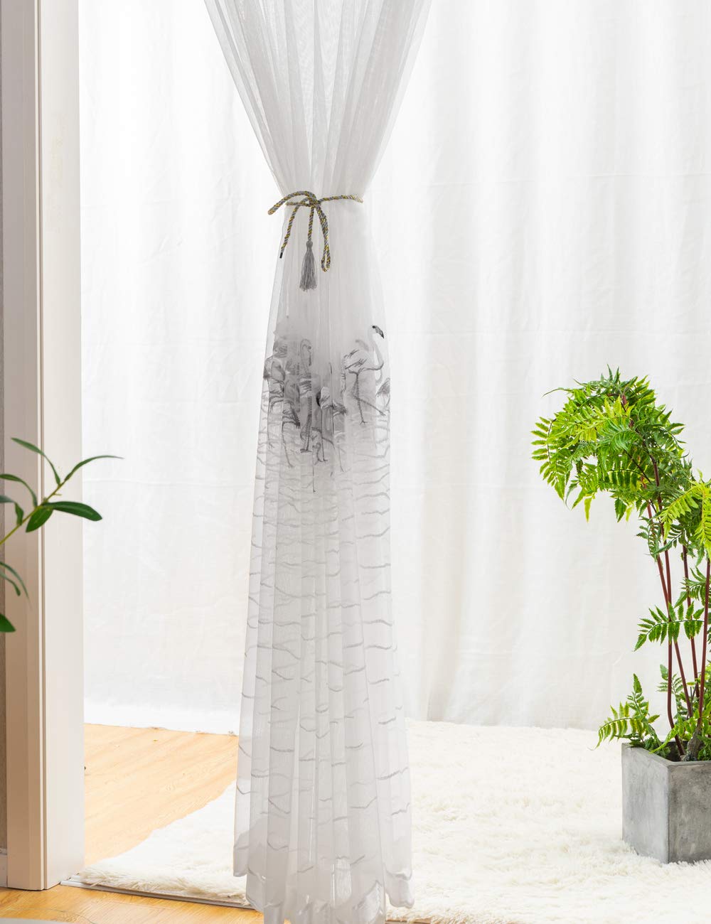 Lactraum - Tenda per cameretta Bambina, in Voile con Ricamo in Stile Fenicottero, Colore: Bianco Trasparente, Weiß Flamingo mit Ösen, 300 x 245 cm