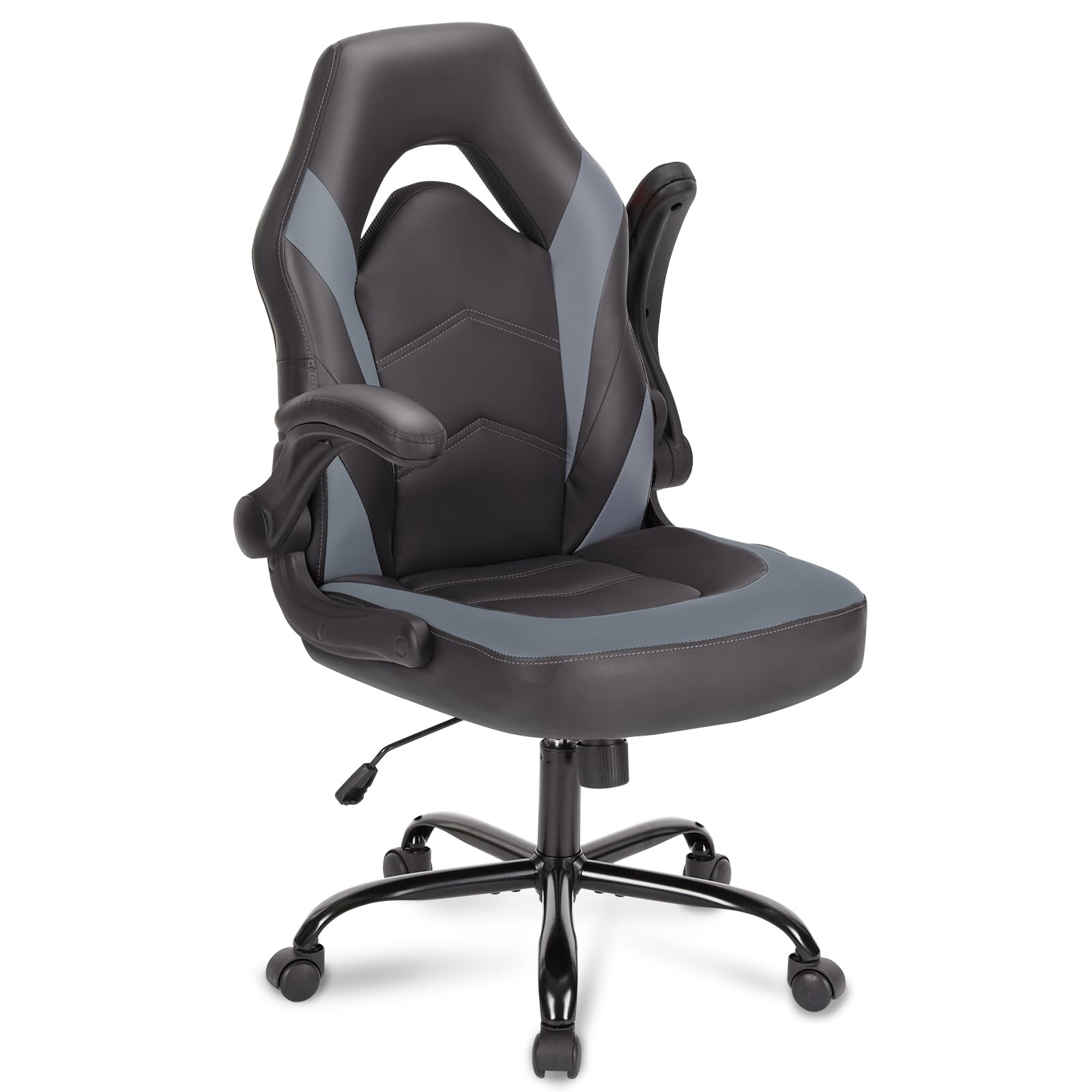 DUMOS Grey Gaming Chair, Pu Leather Office Chair Flip-up Arms Height Adjustable Desk Chair with Wheels Computer Chair with Lumbar Support