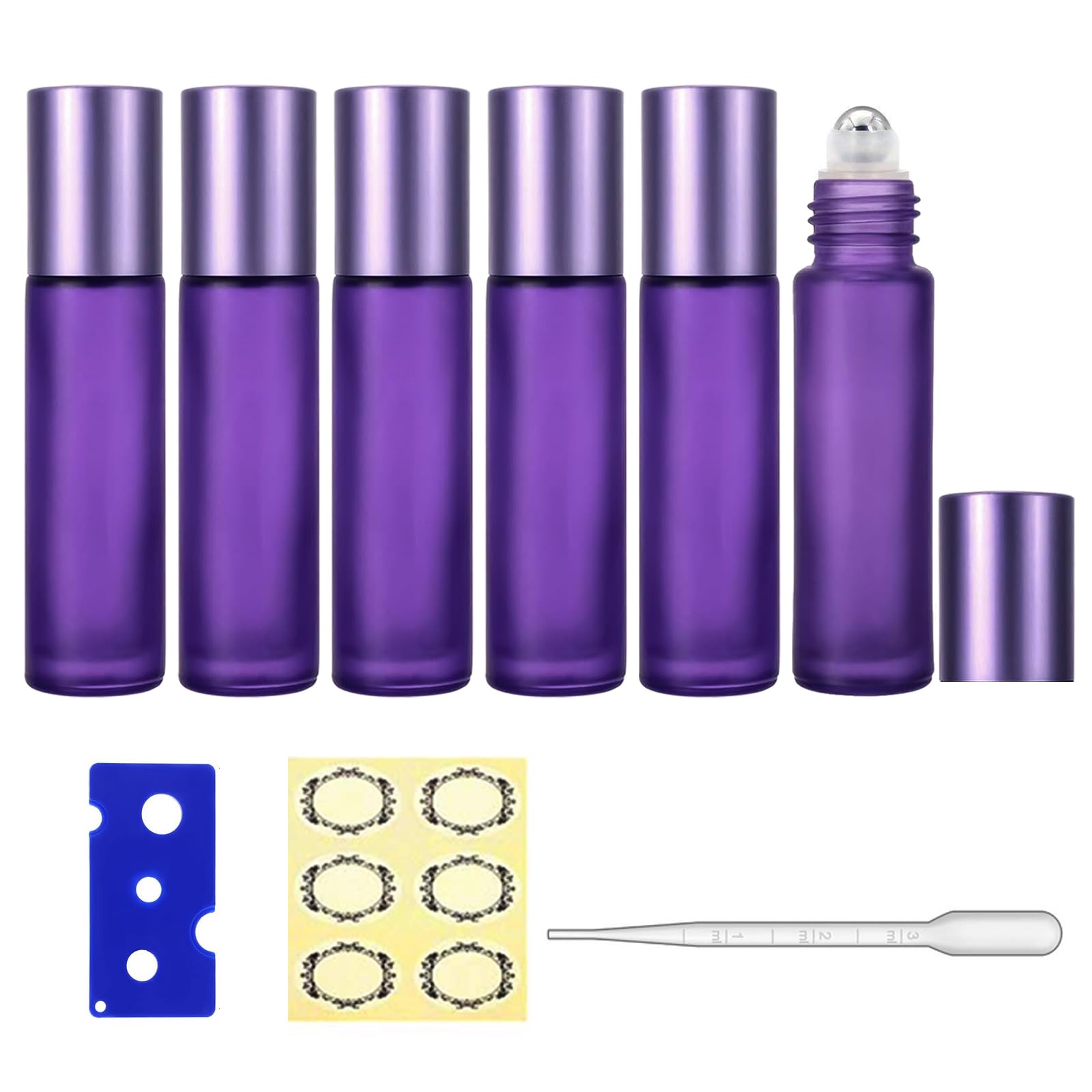 Apstaqeoo Essential Oils Roller Bottles, 6pcs 10ml Roll on Bottles with Stainless Steel Ball, Frosted Glass Roller Bottle with Bottle Opener/Dropper/Label for Essential Oil, Aromatherapy (Purple)