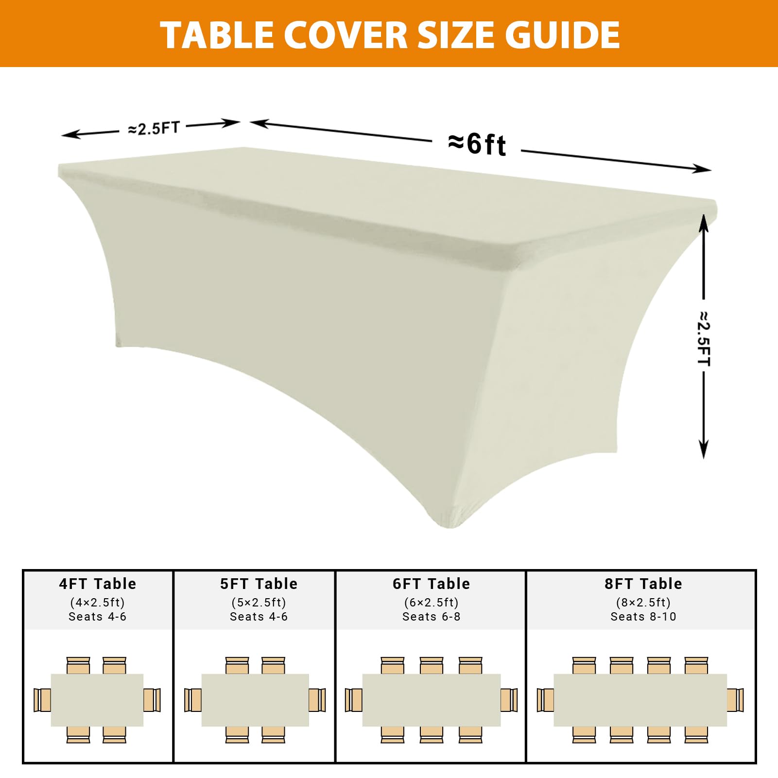 Eurmax USA - Mantel rectangular ajustable de elastano de 6 pies, decoración de mesa de boda, evento, patio, mesa plegable de 6 pies (marfil, paquete de 2)