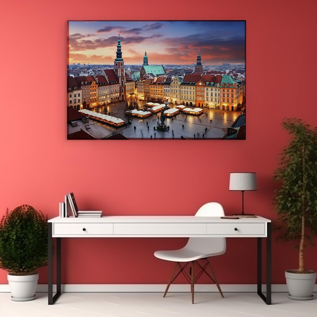 Canvas for Living room. Twilight Magic Over Warsaw's Old Town Square, 27 x 18 inch Canvas Wall Art - Modern Home Decor