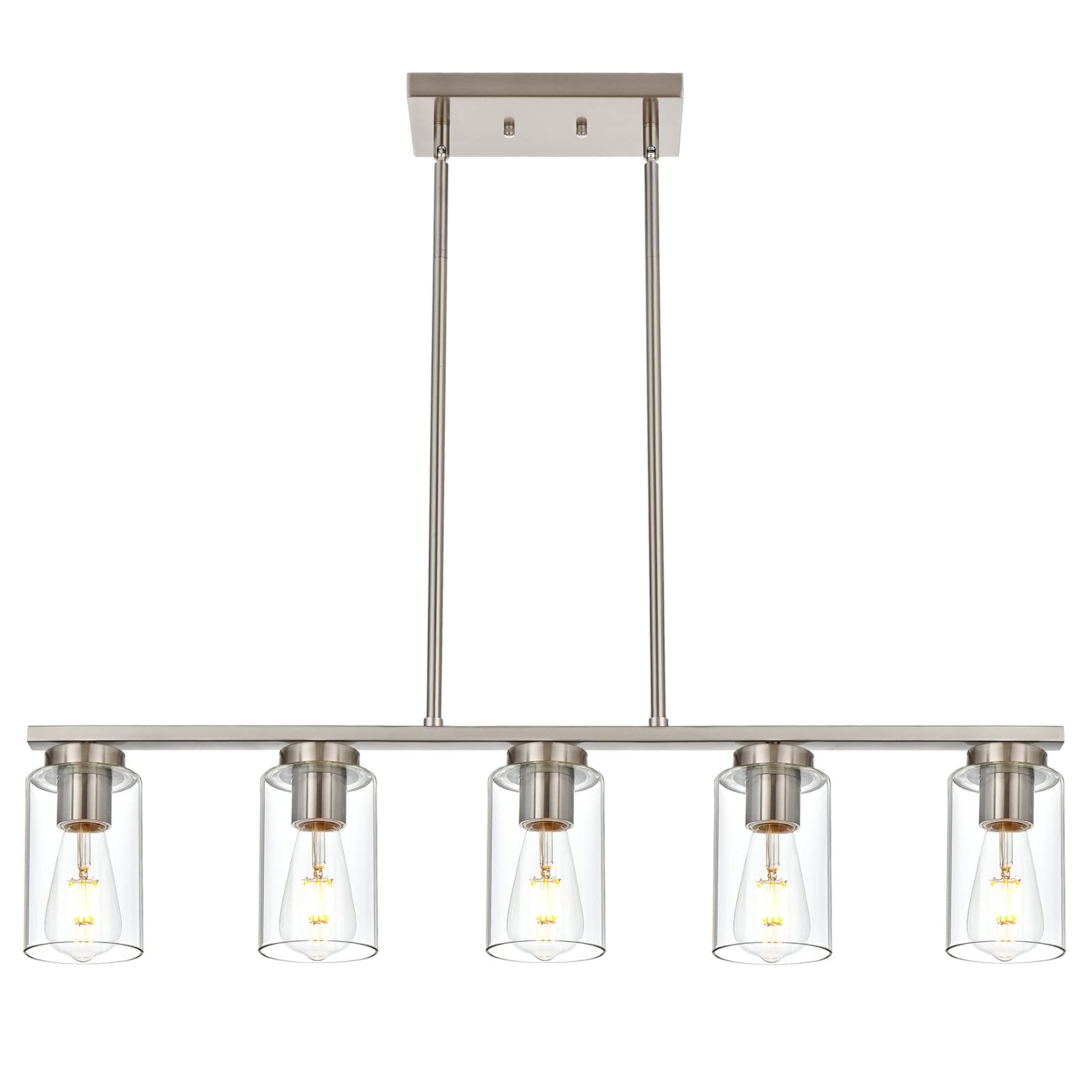 VINLUZ Kitchen Island Pendant Light Fixture 5 Lights Metal Farmhouse Chandeliers in Brushed Nickel Finish Linear Classic Ceiling Hanging Lighting with Glass Shade for Dining Room, Foyer, Restaurant
