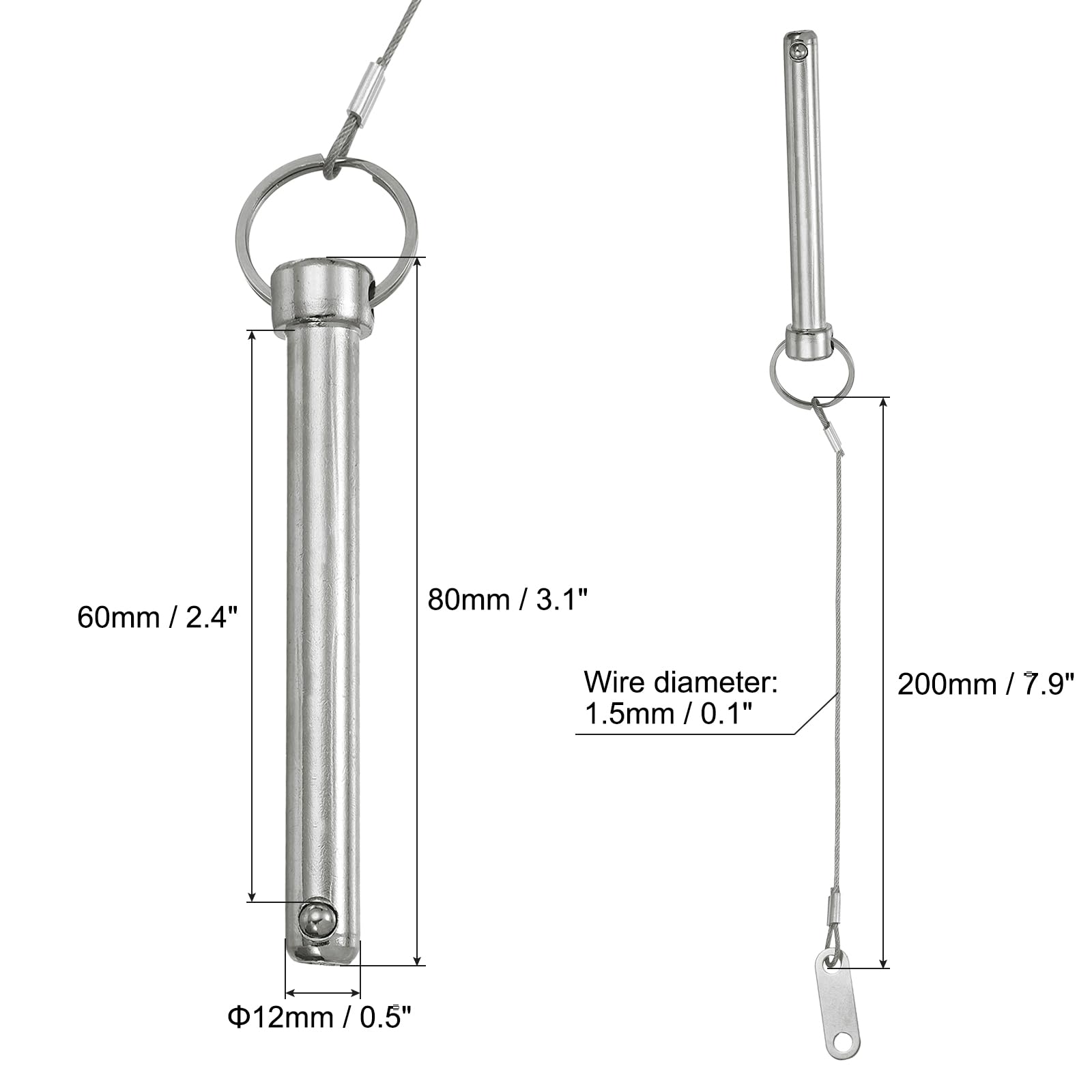 PATIKIL Quick Release Pin, Diameter 1/2"(12mm), Total Length 3"(80mm), Effective Length 2.4"(60mm) - Image 2