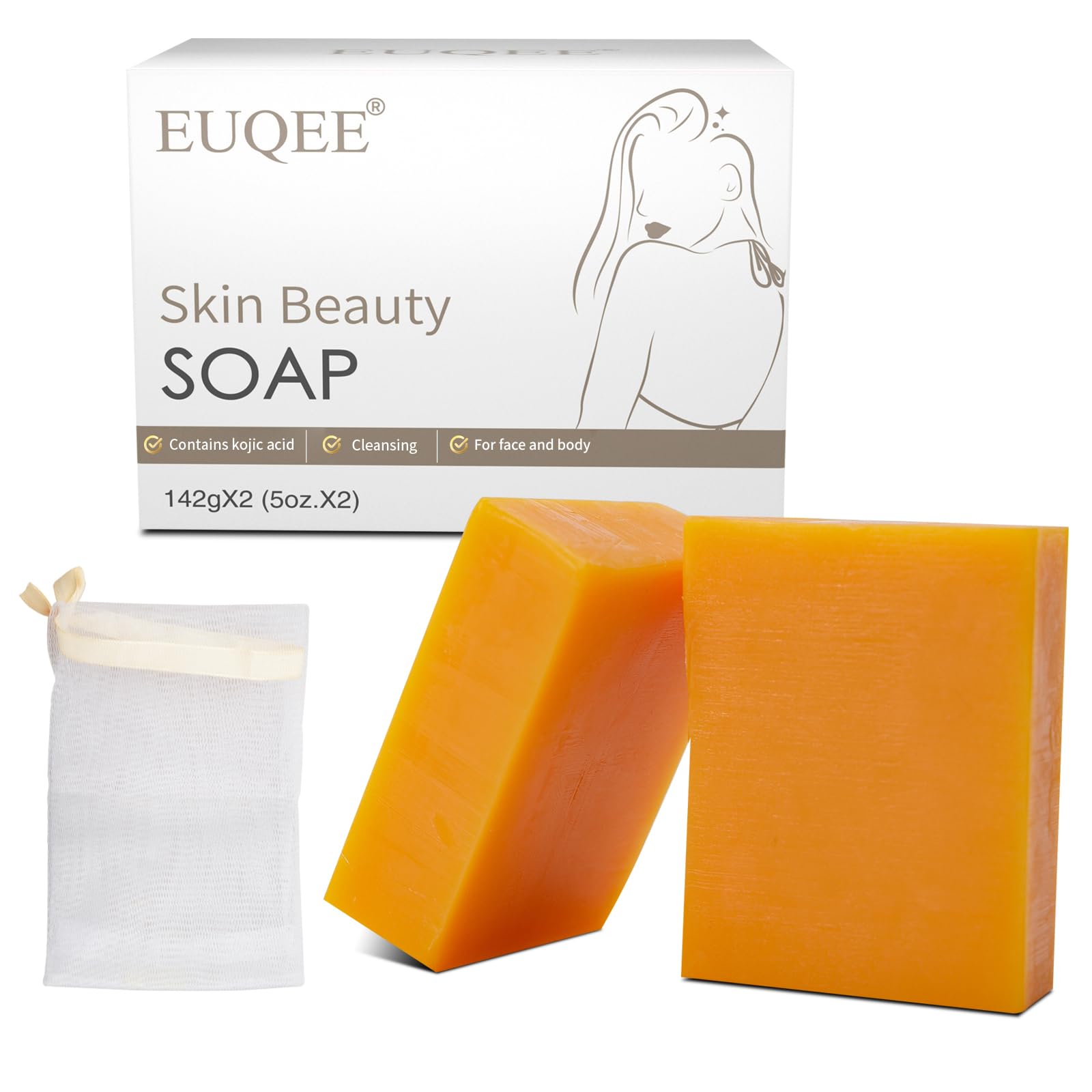 EUQEE Turmeric Kojic Acid Soap, 5 oz Soap Bars with Glycerin, Vitamin C, Collagen, Retinol, Coconut Oil & Tea Tree Oil for Skin Beauty Reduce Dark Spot Smooth Skin with a Foaming Net - 142g x 2 Bars