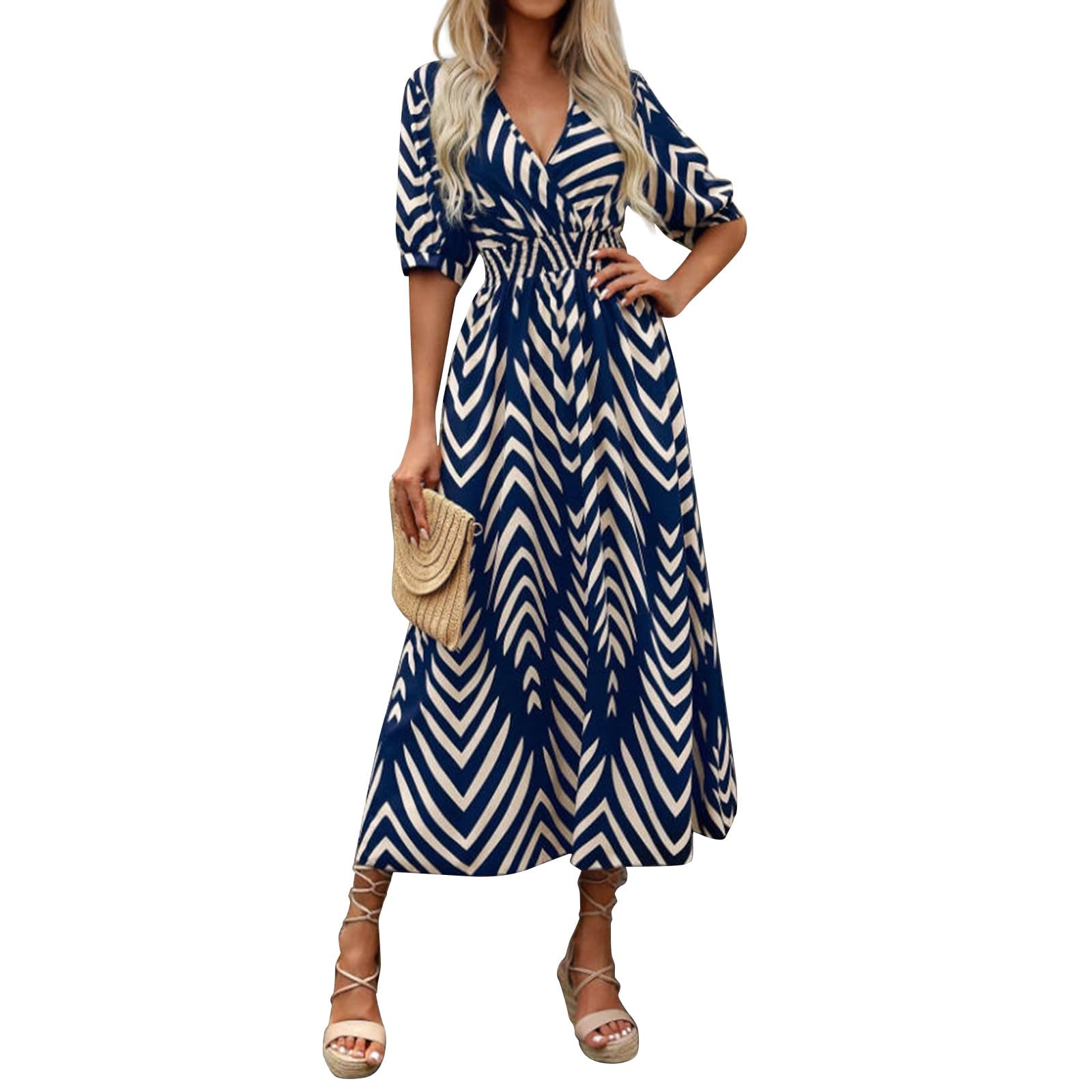 Sommerkleid Damen Lang Elegant Maxikleider Damen Sommer V Ausschnitt Tailliertes Kleider mit Ärmel A Linie Strandkleid Leicht Und Luftig Schickes Kleid Frauen Curvy Kurzarm Damenkleider