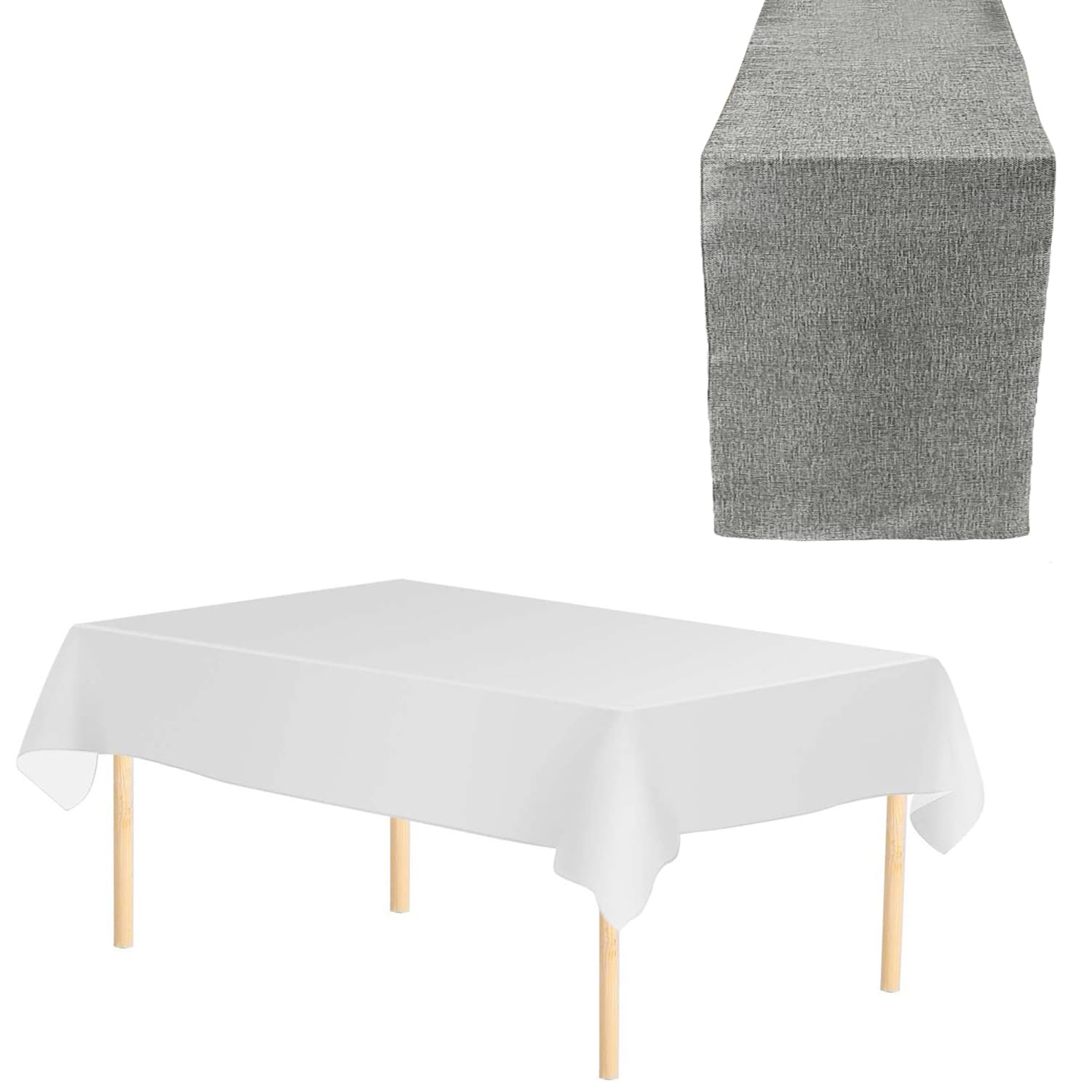 WedDecor 2pcs Grey Hessian Table Runner with White Tablecloth Set