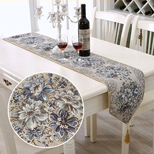 Table Runner Blue 83 Inch European Style Table Runners for Dining Room with Tassels Manual Gold Thread Luxury Classy Embroidery Floral Runner for Coffee Table Piano Dresser Hotel Home Decorations