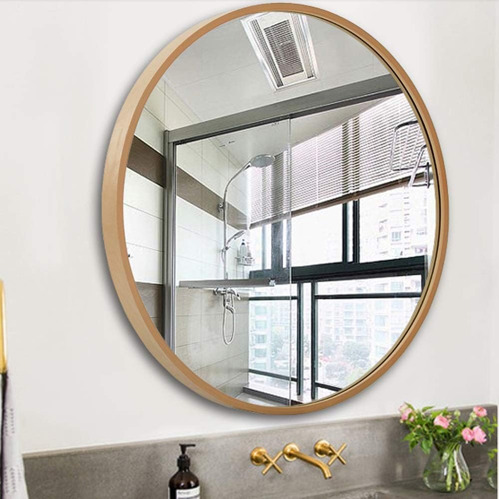 Bathroom mirror Mirror, Border Makeup Mirror Wooden Frame Large Round Mirror Wall Mirror (Color : Wood Color, Size : 70cm)