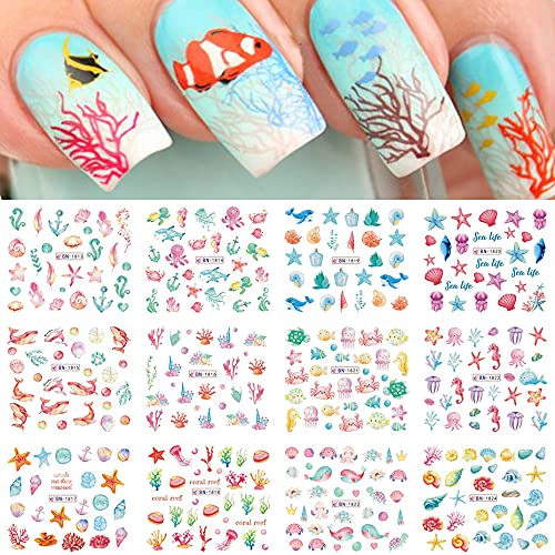 12 Sheet ​Nail Art Stickers Marine Life Fish Water Transfer Nail Decals Stickers Ocean Dolphin Starfish,Etc,Nail Art Stickers Supplies Popular Nail Stickers For Women Fashion Design Accessories For Girl #TOP1