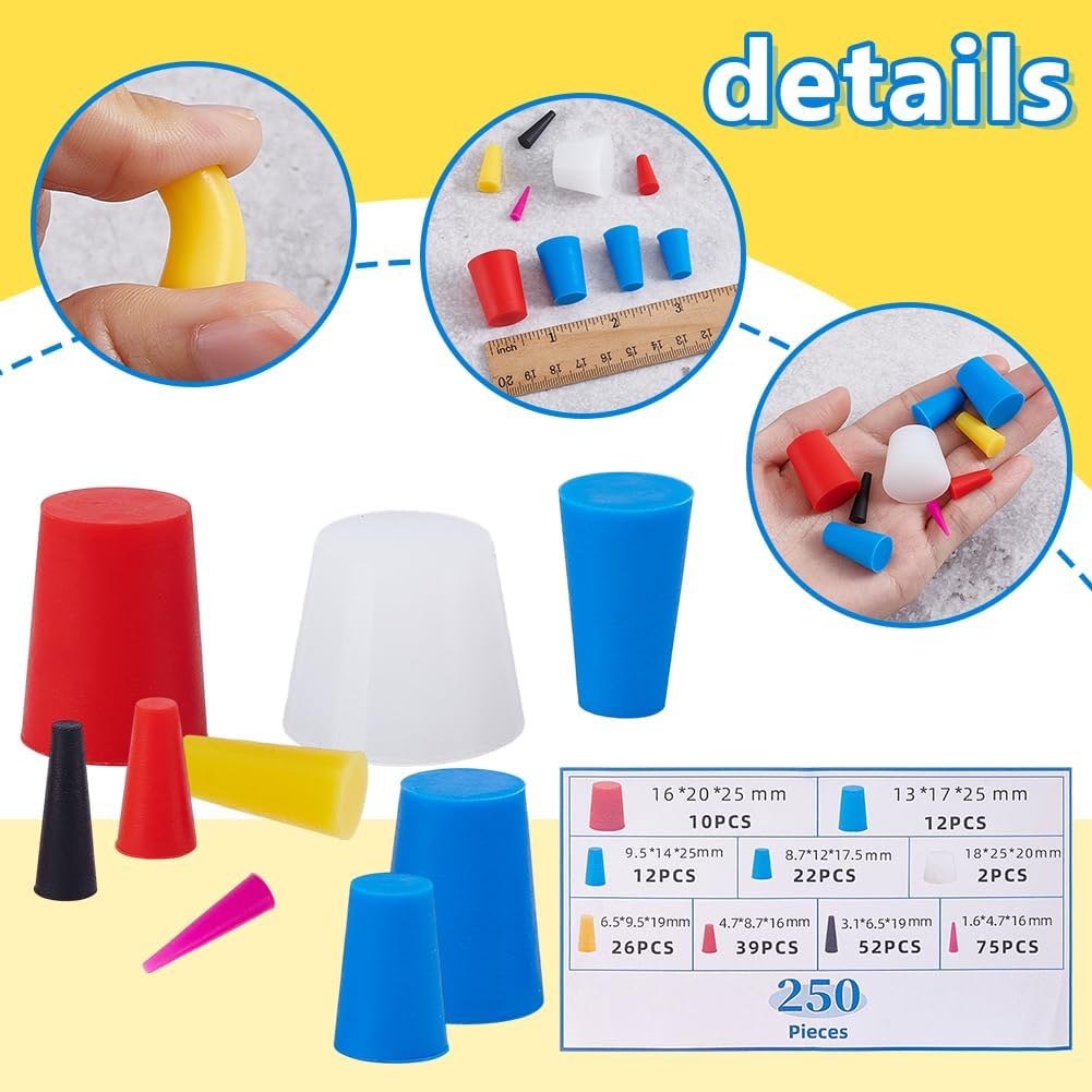 UNICRAFTALE 250Pcs 9 Sizes Temp Silicone Rubber Tapered Plug Assortment Kit 1/15" to 1" Tapered Stoppers for Coating Hole Painting Protection Silicone Stopper
