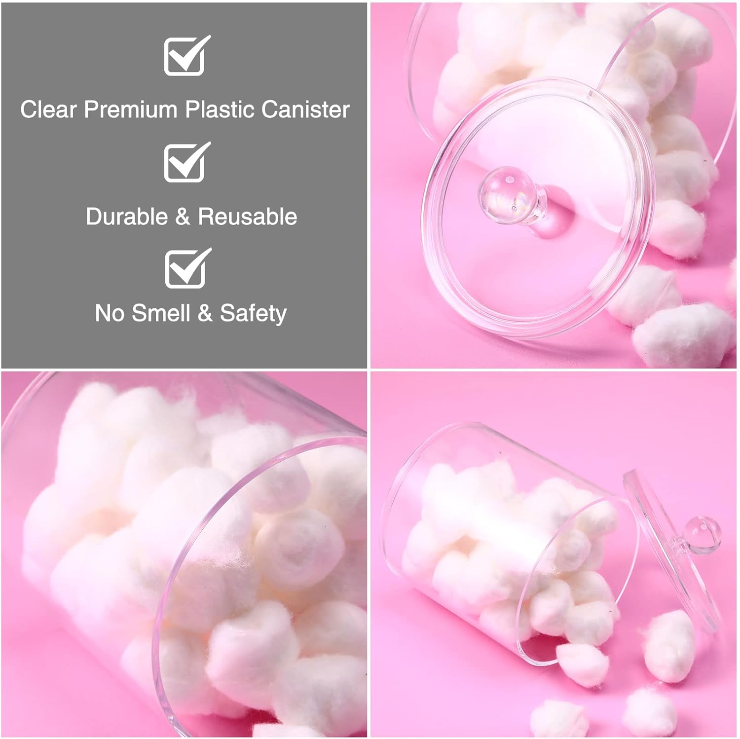 Meanplan Plastic Apothecary Jars with Lids Acrylic Holder Dispenser for Bathroom, 10/22/39 oz Clear Plastic Storage Jars Floss Container for Swab Cotton Ball, 3 Sizes(12 Pack,Acrylic Lid)