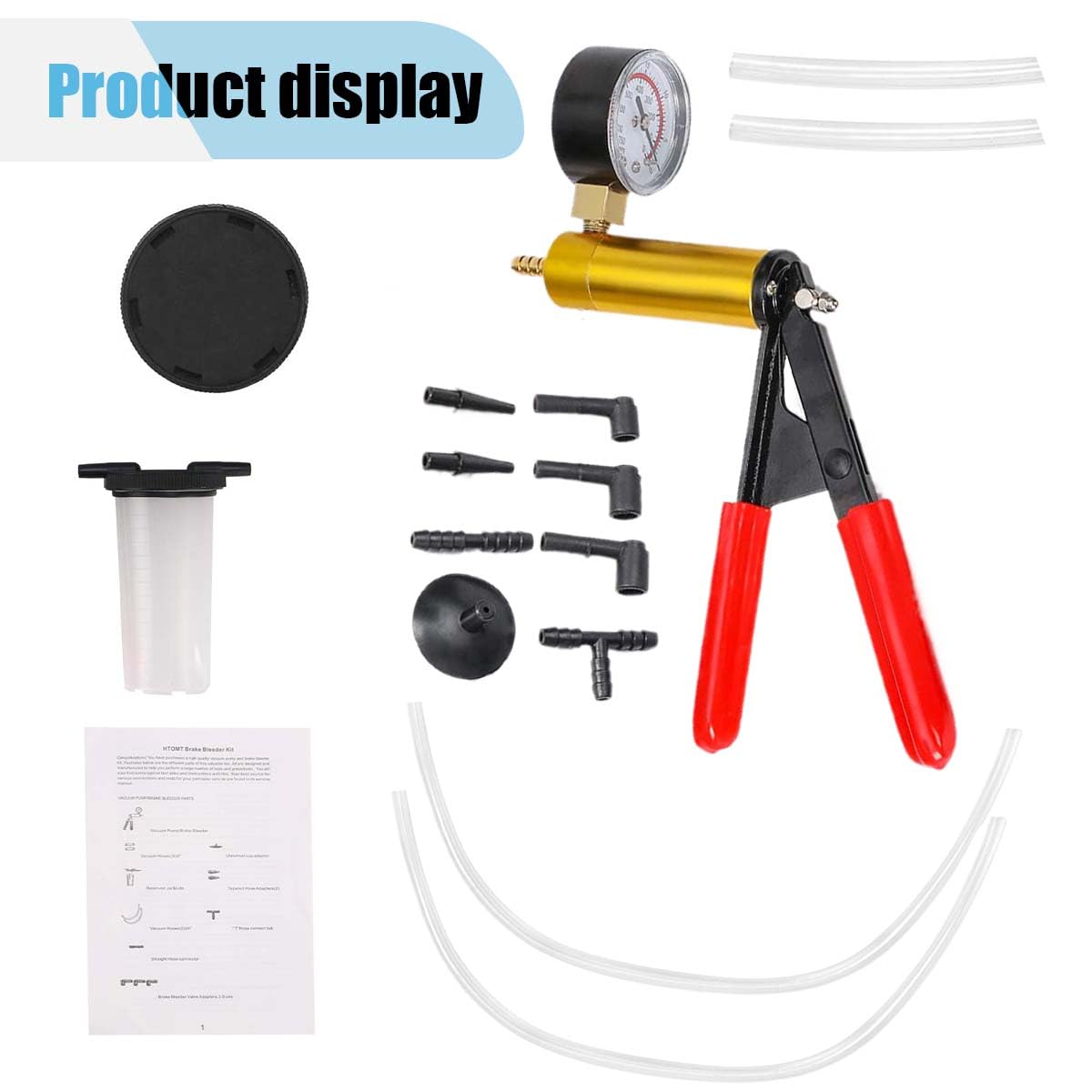LAINLOY Kit de purga de frenos 2 en 1, sistema de purga de freno y embrague, kit de purga de líquido de frenos con adaptadores, bomba de vacío de mano, funda protegida, juego de prueba de bomba de