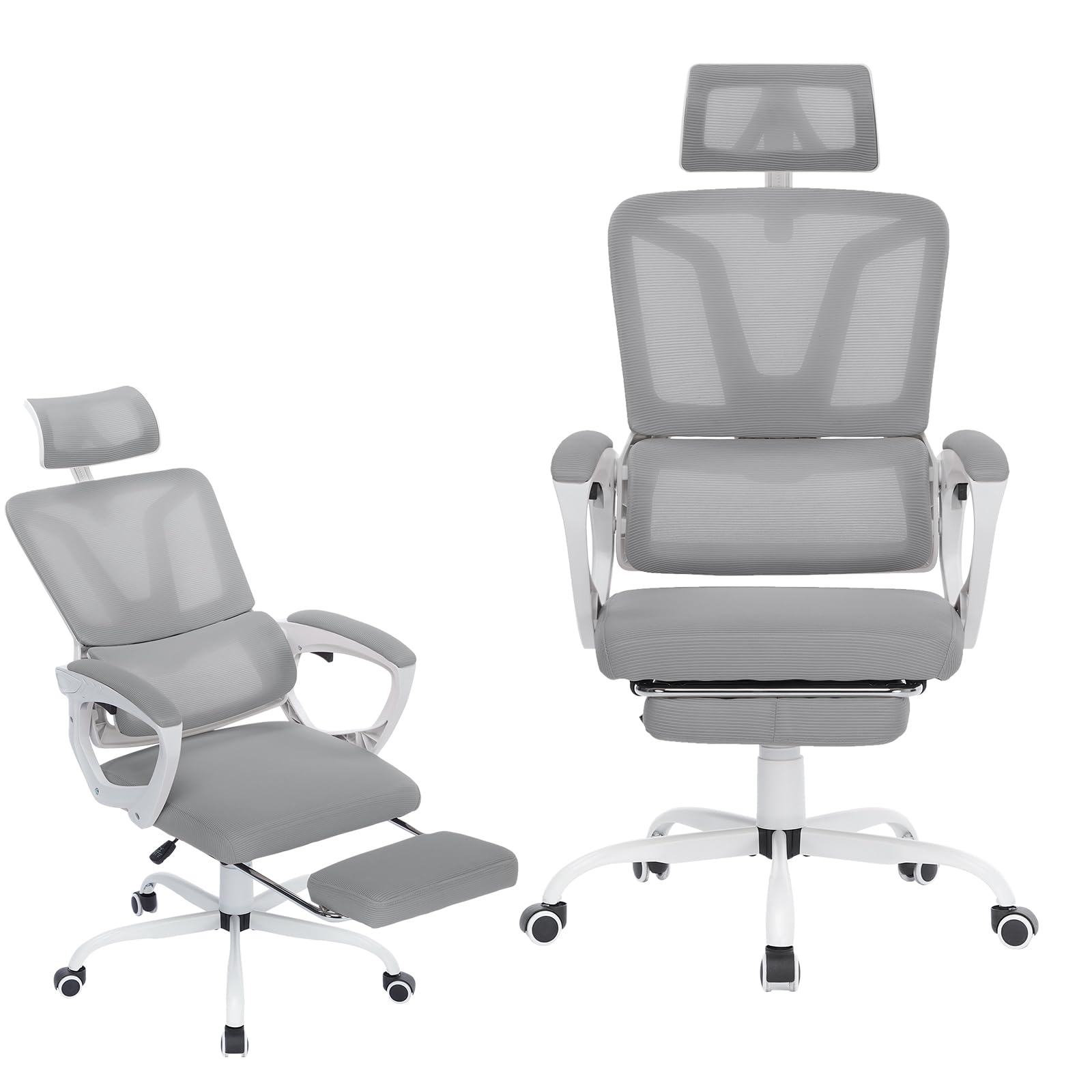 UISEBRT Silla de oficina ergonómica con reposapiés y reclinable – Altura ajustable, silla de escritorio de malla con reposacabezas ajustable y soporte lumbar, inclinación hasta 135° (gris oscuro)