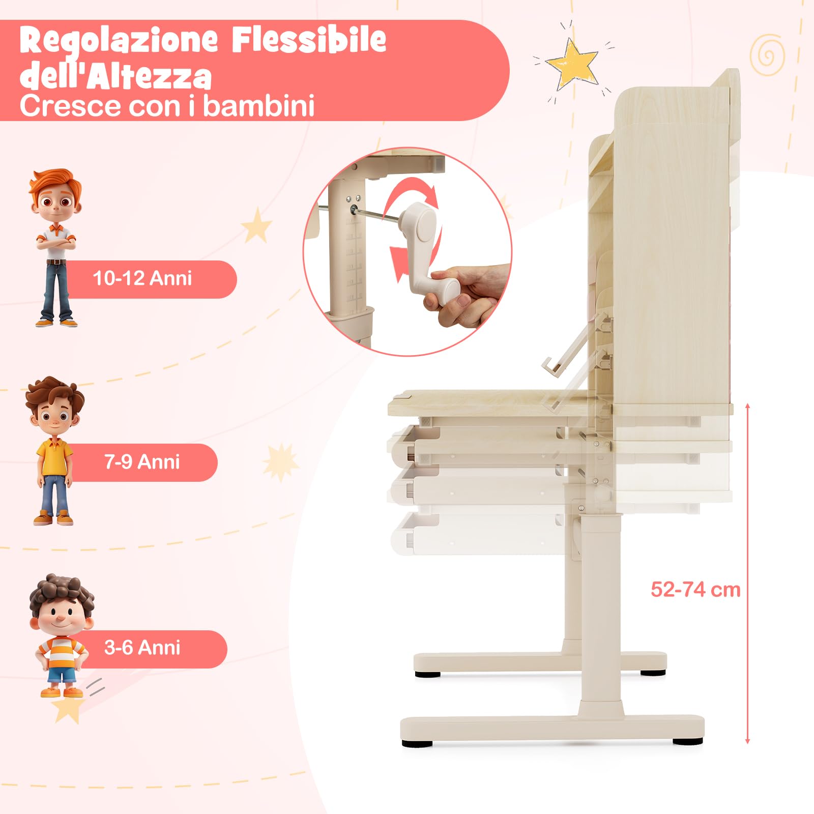 COSTWAY Scrivania per Bambini 3+ Anni, Tavolo da Studio Regolabile in Altezza con Libreria e Cassetto, Piano Inclinabile, Mensole, Leggio e Portapenne, Scrivania per Studiare (Rosa)