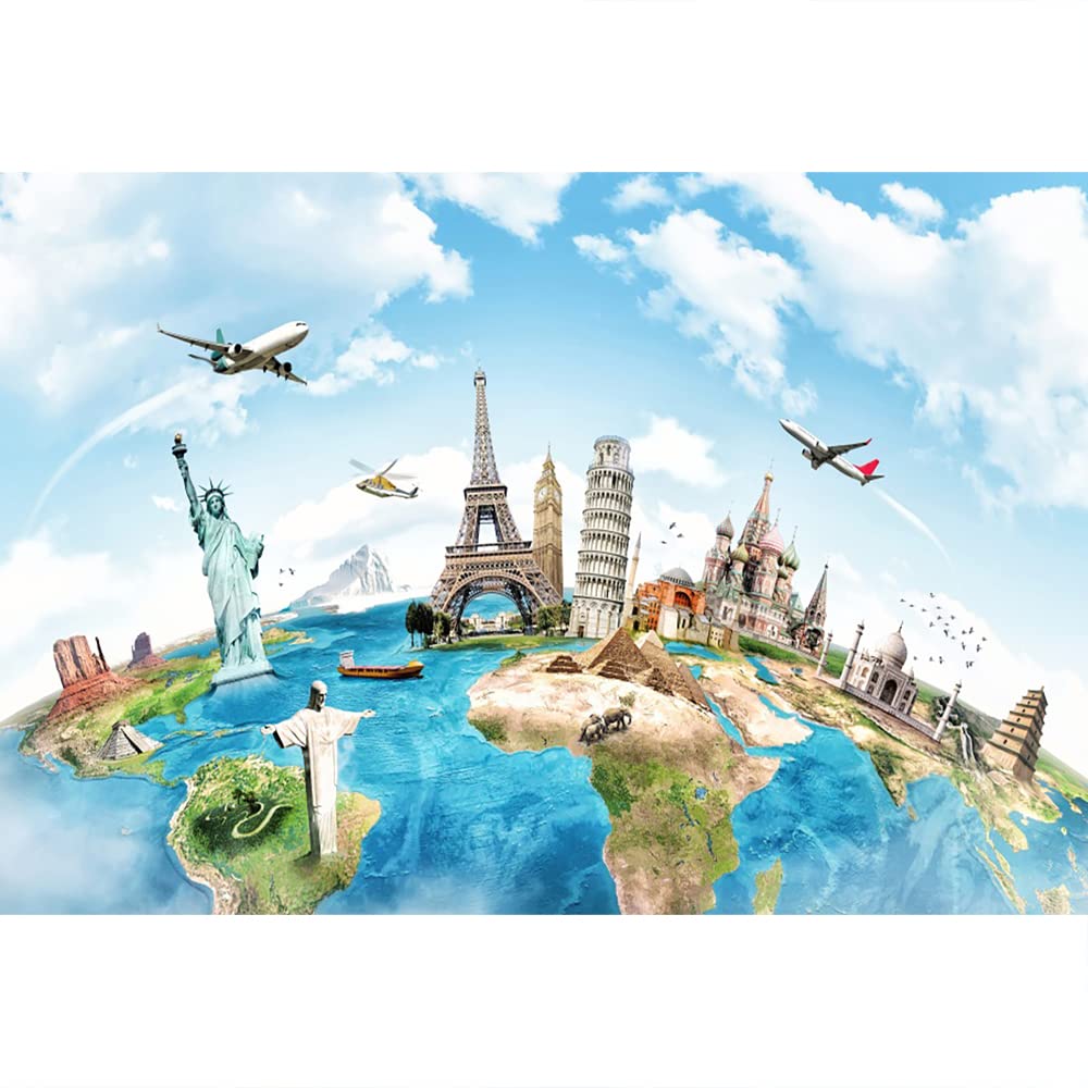 7x5ft Globe Travel Backdrop Earth Map Worldwide Continent Famous Landmark Scenery 7x5ft Globe Travel Backdrop Earth Map Worldwide Continent Famous Landmark Scenery