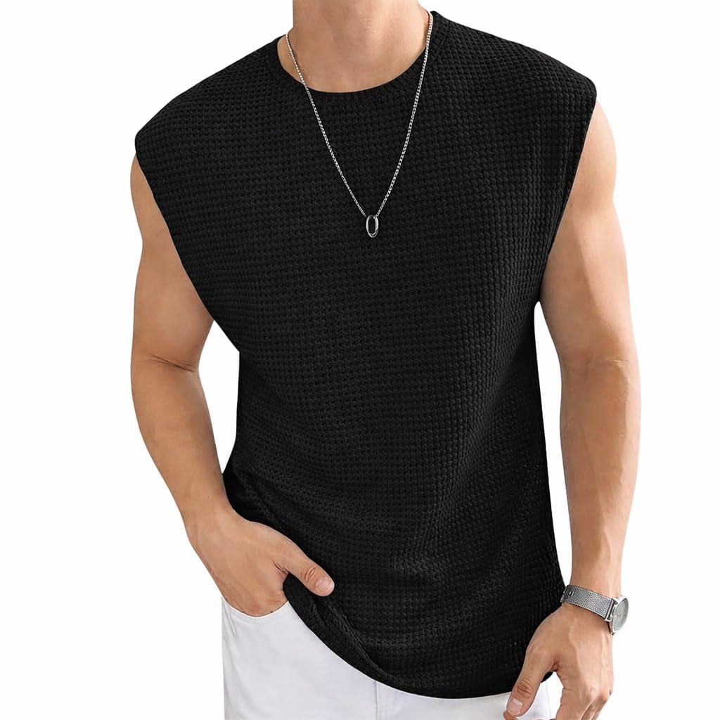 Men's Sleeveless Muscle Tank Top, Black, Gym Vest Waffle Knit Texture, Crew Neck,-picture-22