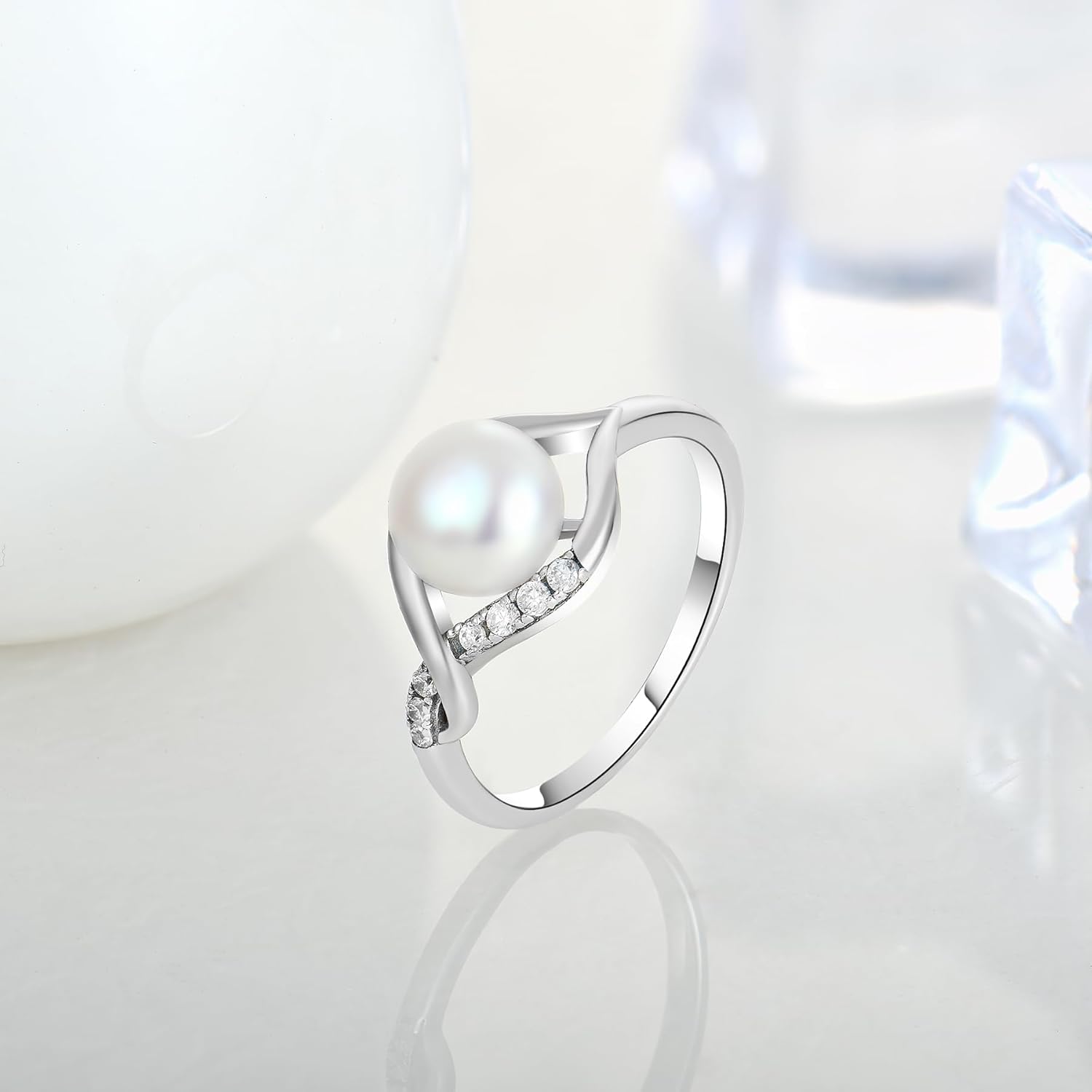 JO WISDOM Pearl Ring,925 Sterling Silver Infinity Cubic Zirconia Women's Rings with 8mm Simulated Mother's of Pearls