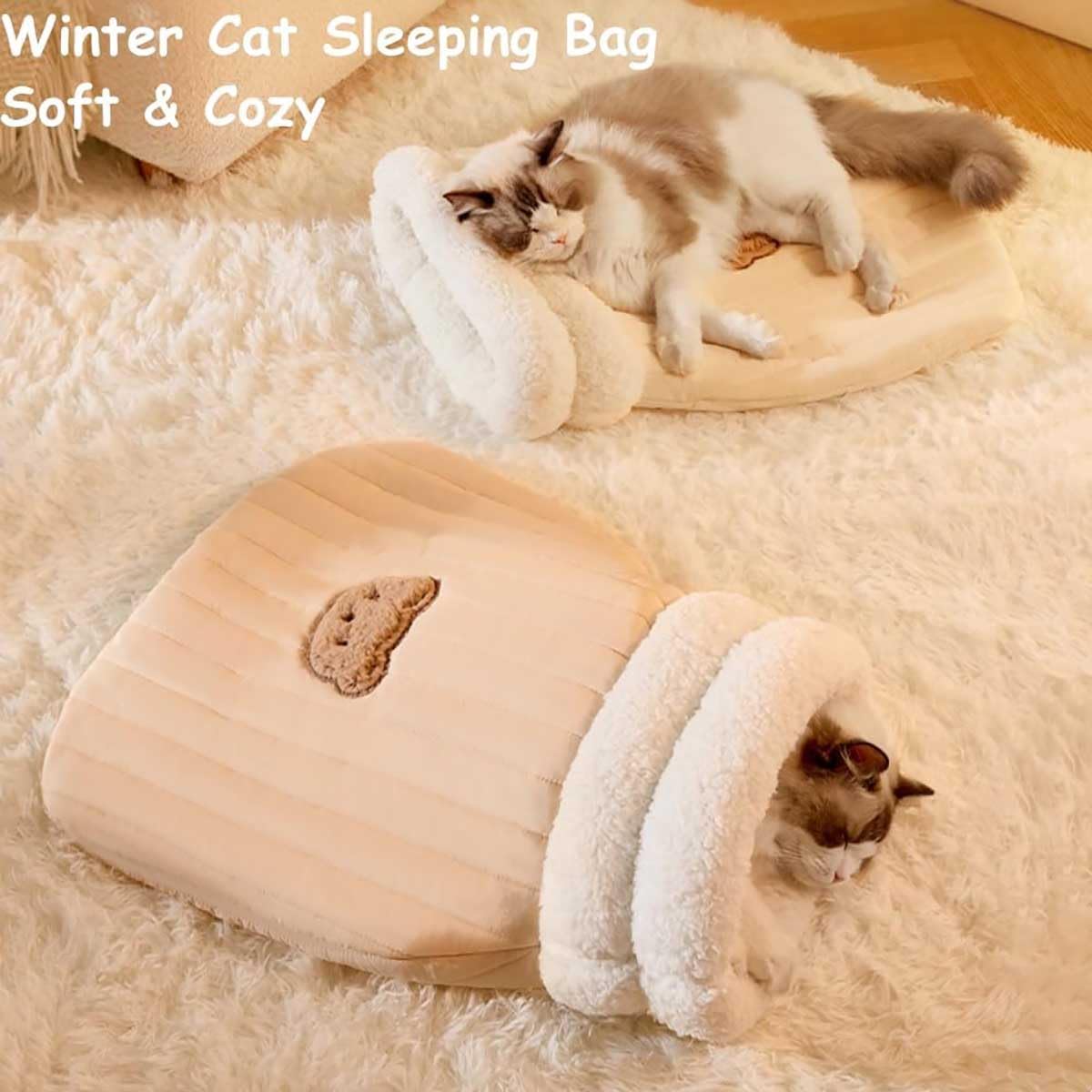 Cat Sleeping Bag - Self Warming Winter Bed, Soft Plush Sack, Tunnel, Hideaway, Semienclosed Warm Cave for Indoor Cats
