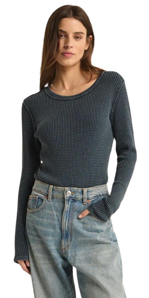 Z SUPPLYWomen's Arlet Thermal Long Sleeve Crew Neck Top, Lightweight, Raw Edge Detail, Eclipse