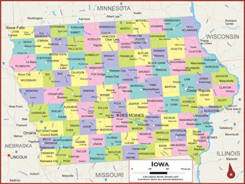 54 x 41 Large Iowa State Wall Map Poster with Counties - Classroom Style Map with Durable Lamination - Safe for Use with Wet/Dry Erase Marker - Brass Eyelets for Enhanced Durability
