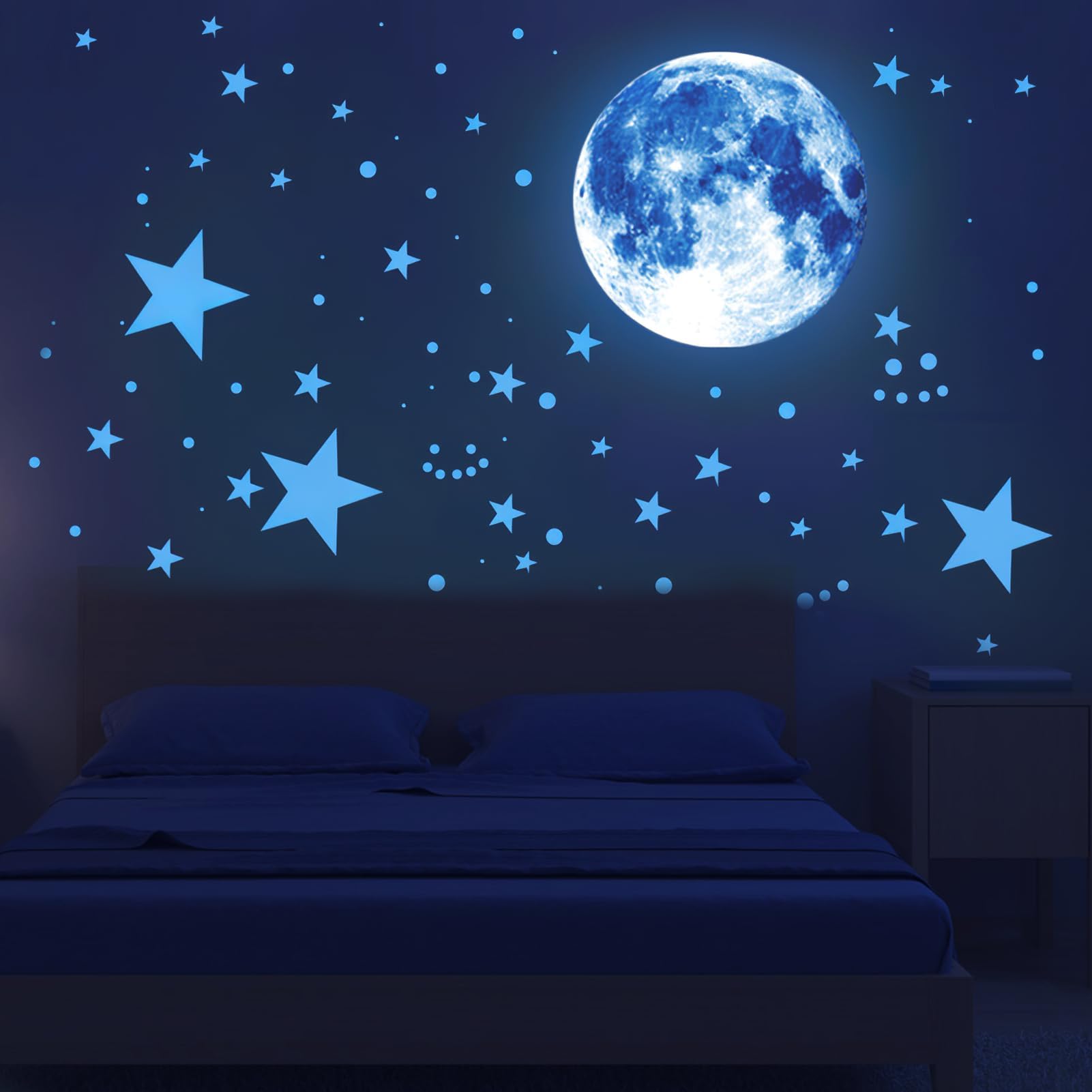 Glow Stars and Full Moon Wall Stickers for Ceiling, Luminous Stars and Moon Wall Decal Planets Space Wall Stickers Starry Sky Shining Decoration Perfect for Kids Bedroom Soothe Sleep Living Room