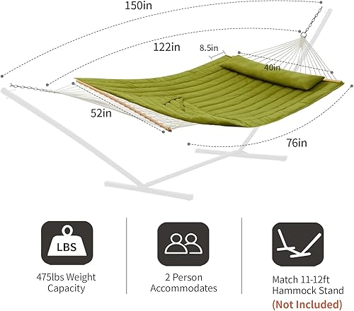 Miniatura 6 de CHULIM Hamaca doble para exterior con barras separadoras de madera dura, hamaca grande de cuerda con almohada de poliéster y cojín, capacidad de 475