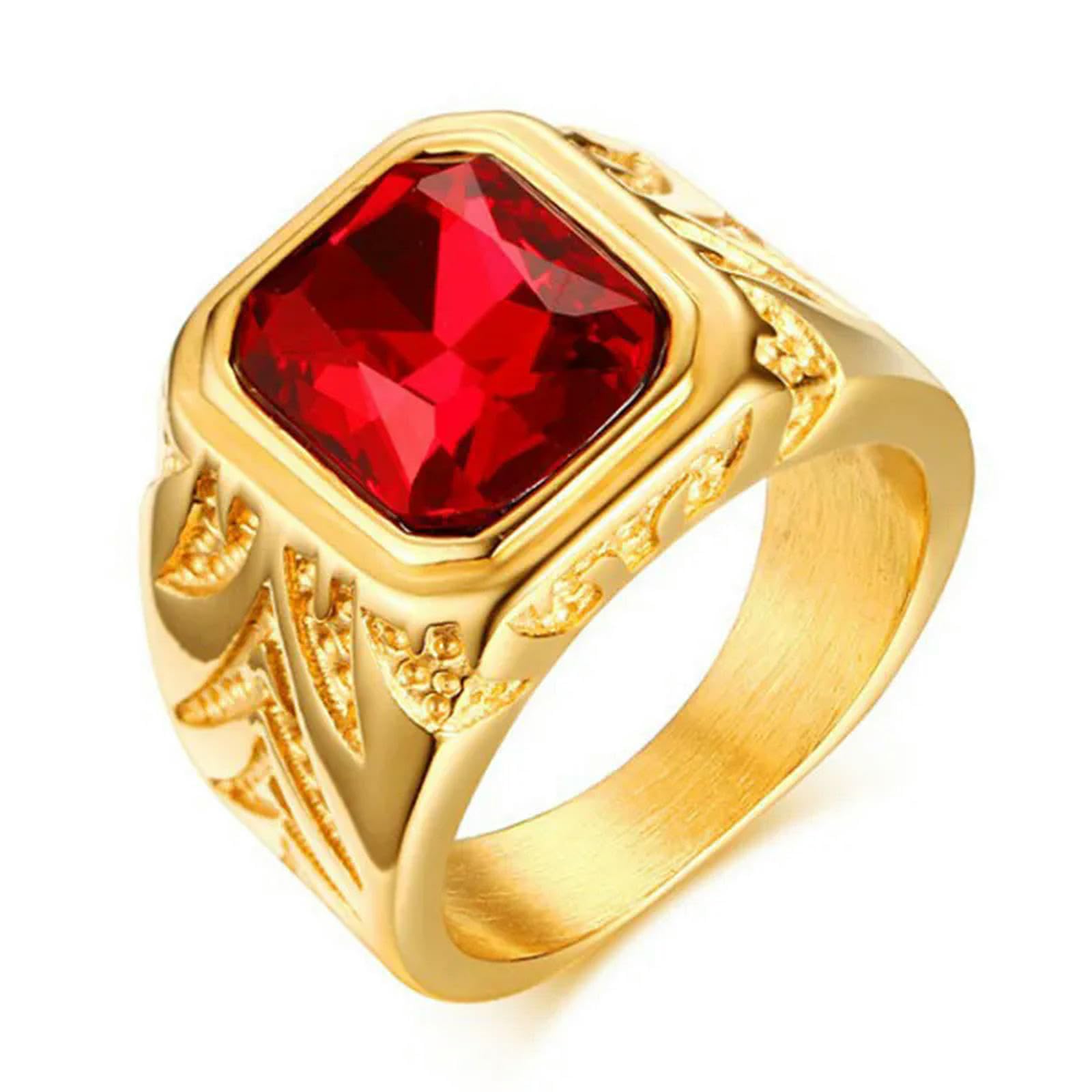 XJruixi Anillo Rock Punk Color Oro Acero Inoxidable Anillo Grande De Piedra Roja Para Hombre Anillo De Bodas Joyería Masculina