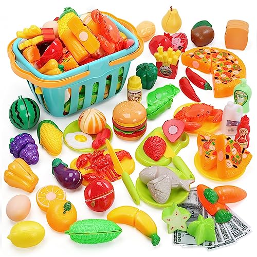 Image of HOLYFUN 100 PCS Cutting Play Food Toy for Kids Kitchen, Pretend Fruit & Vegetables Accessories with Shopping Basket, Plastic Mini Dishes, Play Money, Perfect Educational Toy for Toddlers Boys & Girls