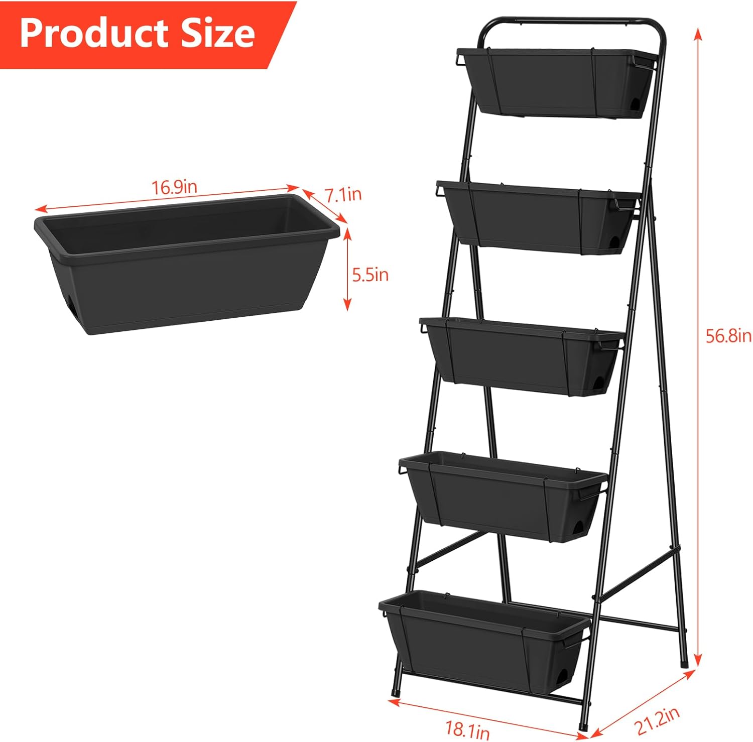 Vertical Garden Planter 5 Tiers Raised Garden Bed Outdoor Standing Herb Garden Planter with Drainage Holes and Removable Tray Planters for Outdoor Plants Vegetables Flowers Black