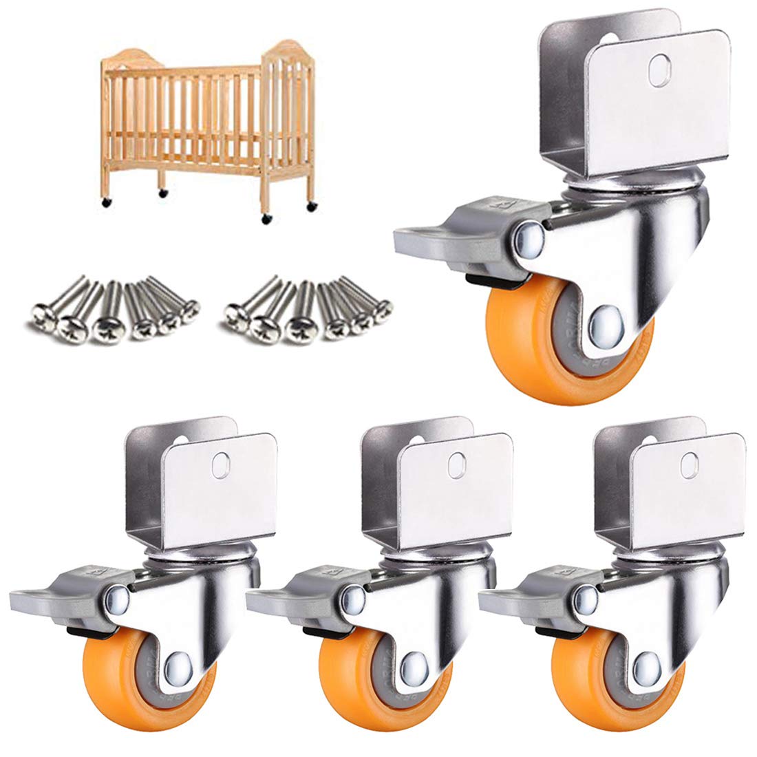 Roulettes lourdes - Roulettes pivotantes for berceaux avec support en U, roulettes de meubles en nylon 1,5 pouces 38 mm, rouleaux jaunes for lit bébé, roulettes de transport, capacité de charge 75 kg,