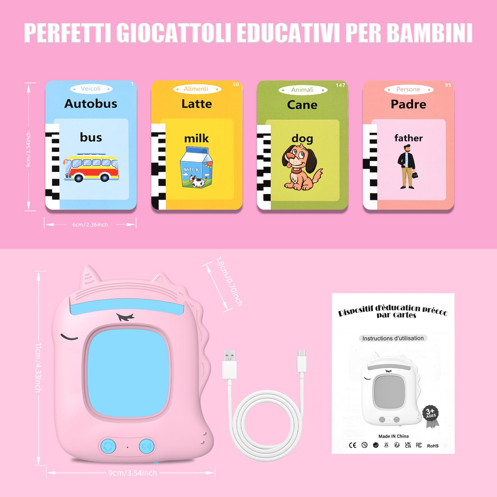Talking Flash Cards Schede Flash Cards Parlanti 224 Parole Unicorno Flash Cards Bambini 3+ Anni Giocattoli Educativi per Bambini Autismo e Logopedia Giochi Montessori Regali di Compleanno