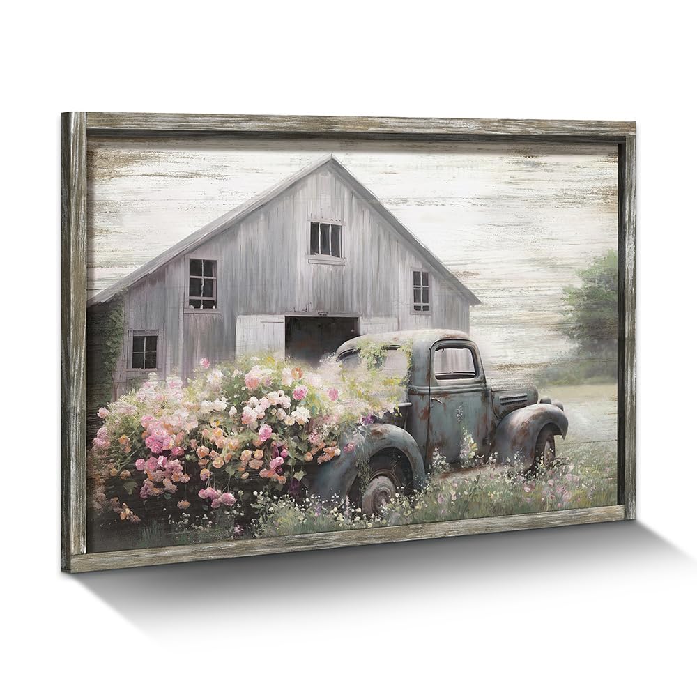 Country Truck Wood Wall Art: Large Framed Farm Landscape Prints Modern Rural Farmhouse Picture Wilderness Floral Grass Artwork Vintage Classic Rusty Blue Car Painting for Living Room