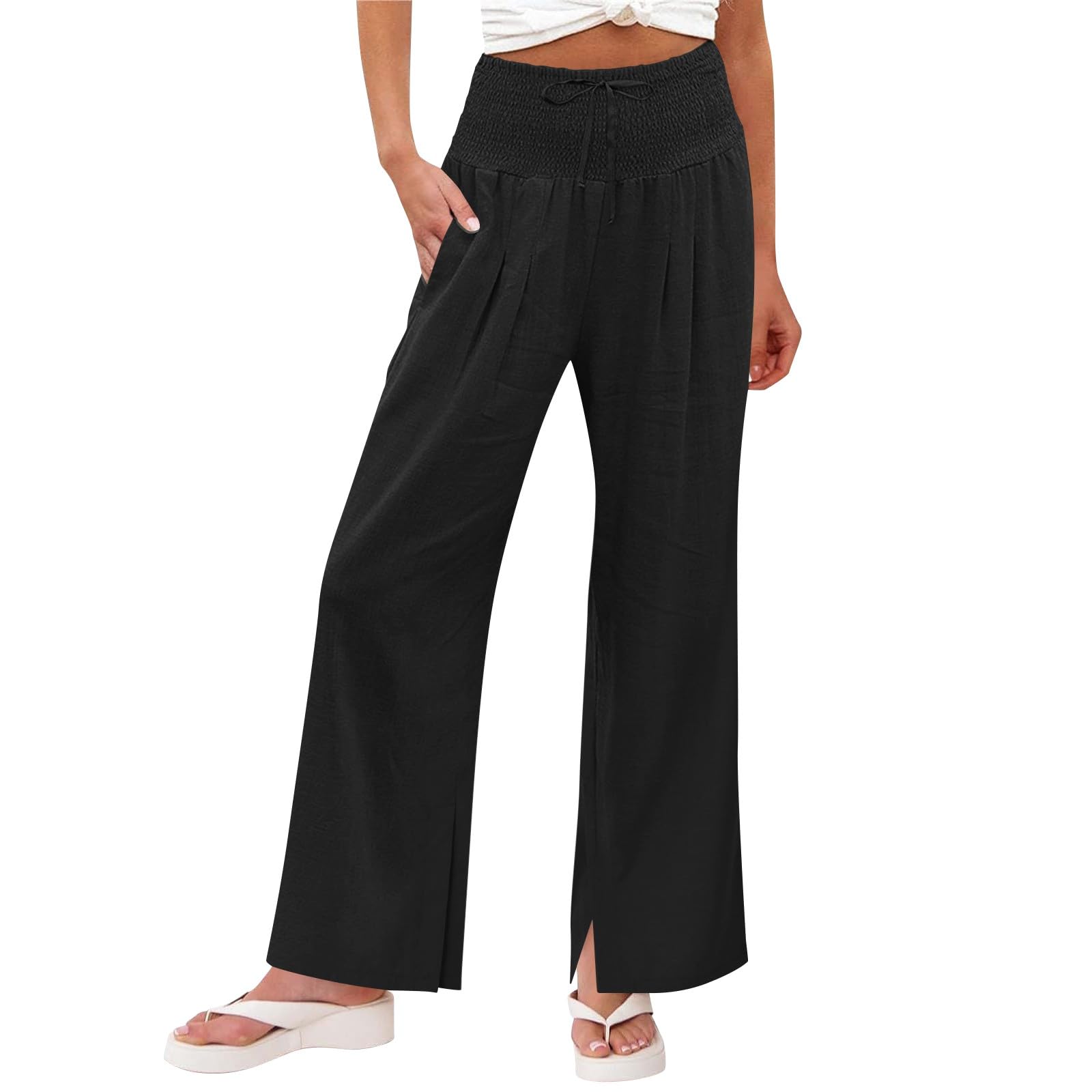 Linen Pants Women 2026 Summer Wide Leg Palazzo Pants High Waist Travel Flowy Trousers with Pockets Vacation Clothes