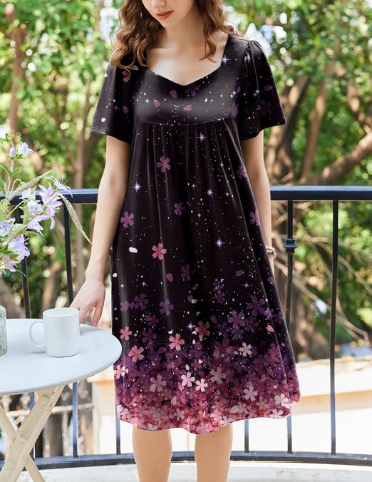 Image of Ekouaer Women's House Dress - Pleated Nightgown with Short Sleeves & Pockets