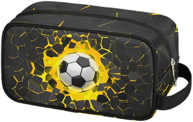 Necessaire de viagem Ackutea com zíper e alça para pendurar, poliéster, Yellow Soccer Ball, 1 unidade