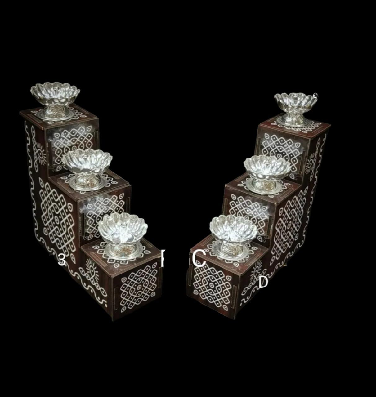 German Silver Set of 6 Diya with Hand Painted MDF Detachable Steps/Stairs for Housewarming/Diwali/Gift Item, Brown